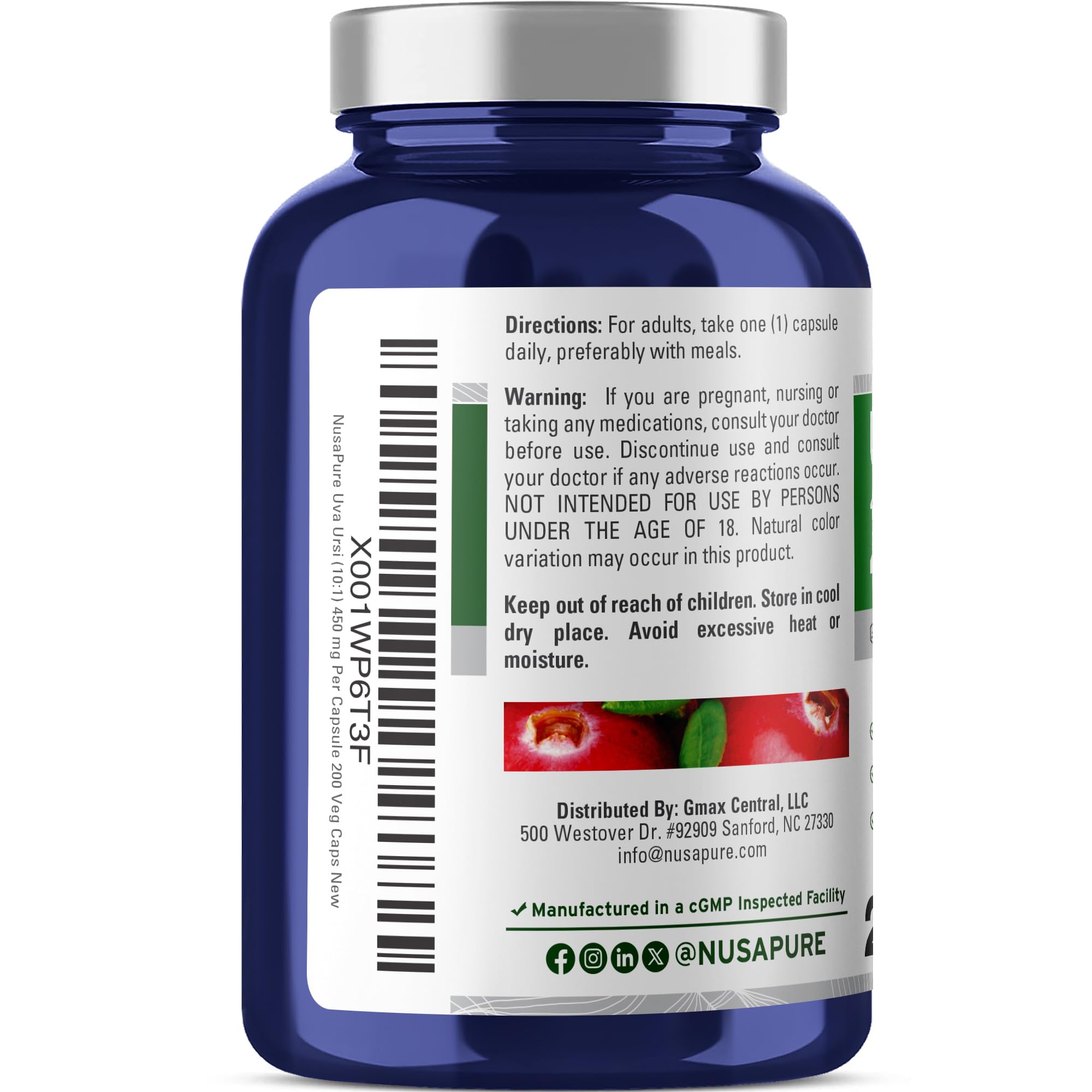 NusaPure Uva Ursi 10:1 Extract, 450 mg Equivalent to 4,500mg 200 Vegetarian caps (Non-GMO, Vegan) Bearberry NusaPure Au supplements