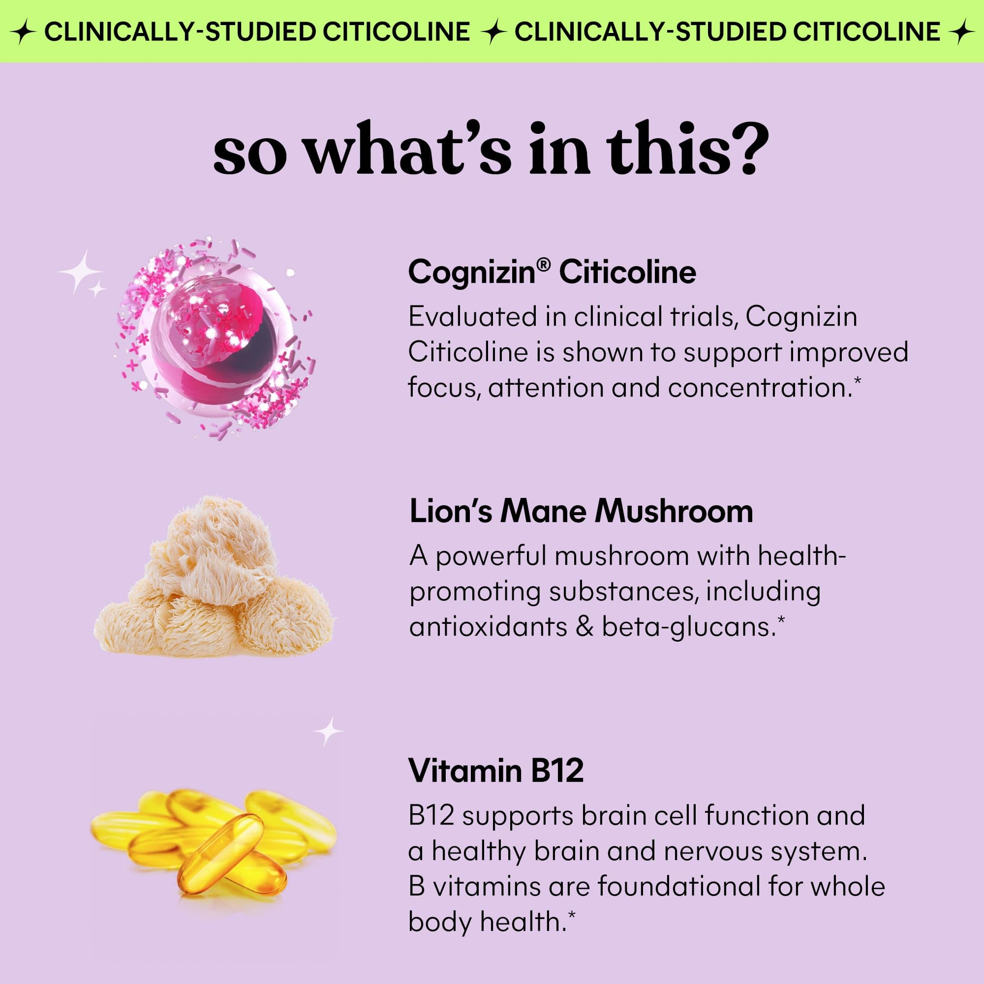 Lemme Focus Concentration & Brain Health Gummies with Cognizin Citicoline, Lion's Mane Mushroom, Vitamin B12 to Support Focus + Concentration - Gluten Free, Caffeine Free, Strawberry (50 Count) Lemme Au supplements