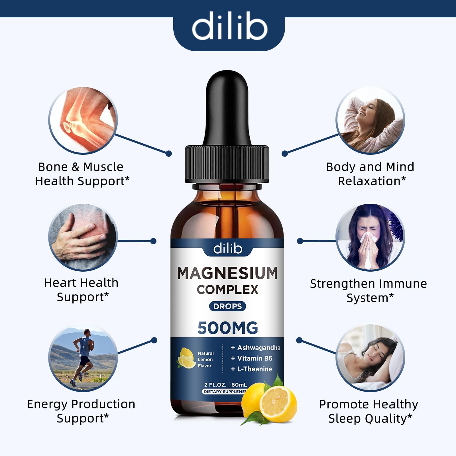Magnesium Glycinate Liquid Drops, Triple Magnesium Complex Supplement with Citrate, Malate 500mg Ashwagandha, L-Theanine, Vitamin B6 for Sleep, Calm, Stress Relief, Bone, Muscle, Mood - Lemon Flavor dilib Au supplements