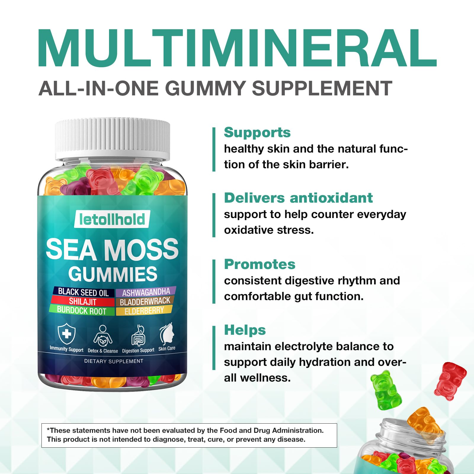 Sea Moss Gummies - Irish Sea Moss Gummies Advanced for Adults with Ashwagandha Bladderwrack & Burdock Root for Supports Immune，Energy - 60 Vegan Gummy,2PCS letollhold Au supplements