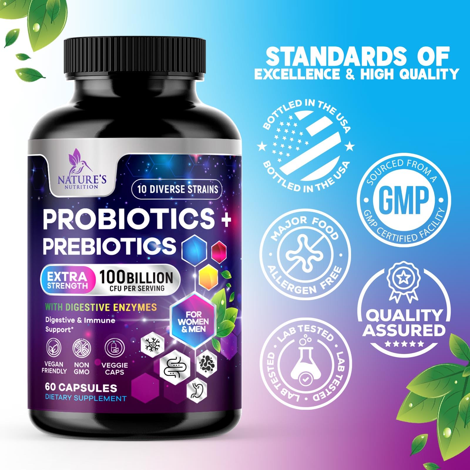 Probiotics 100 Billion CFU Per Serving - 10 Probiotic Strains & Prebiotics - Digestive Gut Health, Immune Support & Occasional Constipation, Gas & Bloating - Daily Supplement For Adults - 60 Capsules Nature's Nutrition Au supplements