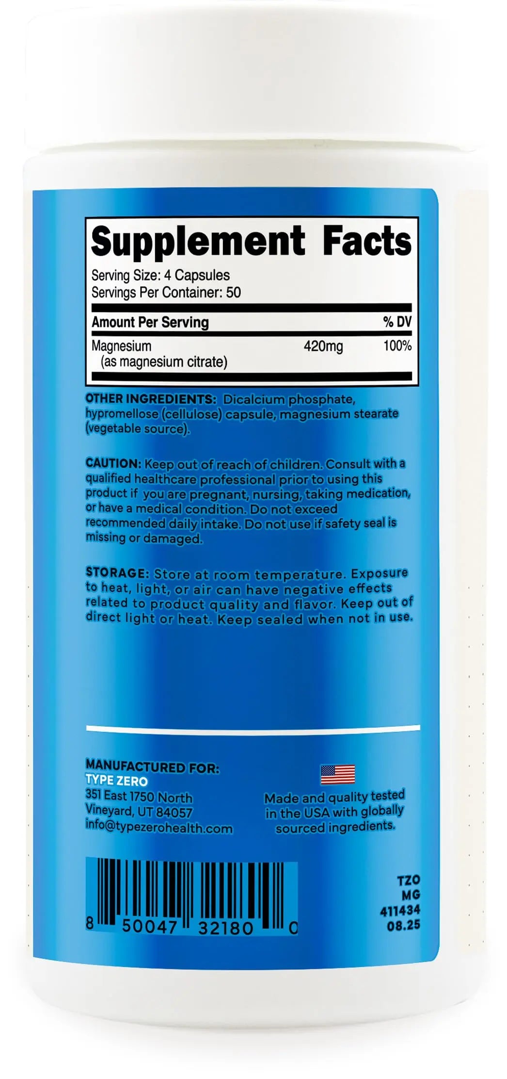 Type Zero Clean Magnesium Citrate Capsules (420mg Per Serving - 200 Capsules) Pure Magnesium Citrate Supplement, Non-GMO - Gluten Free, 50 Servings Type Zero Au supplements