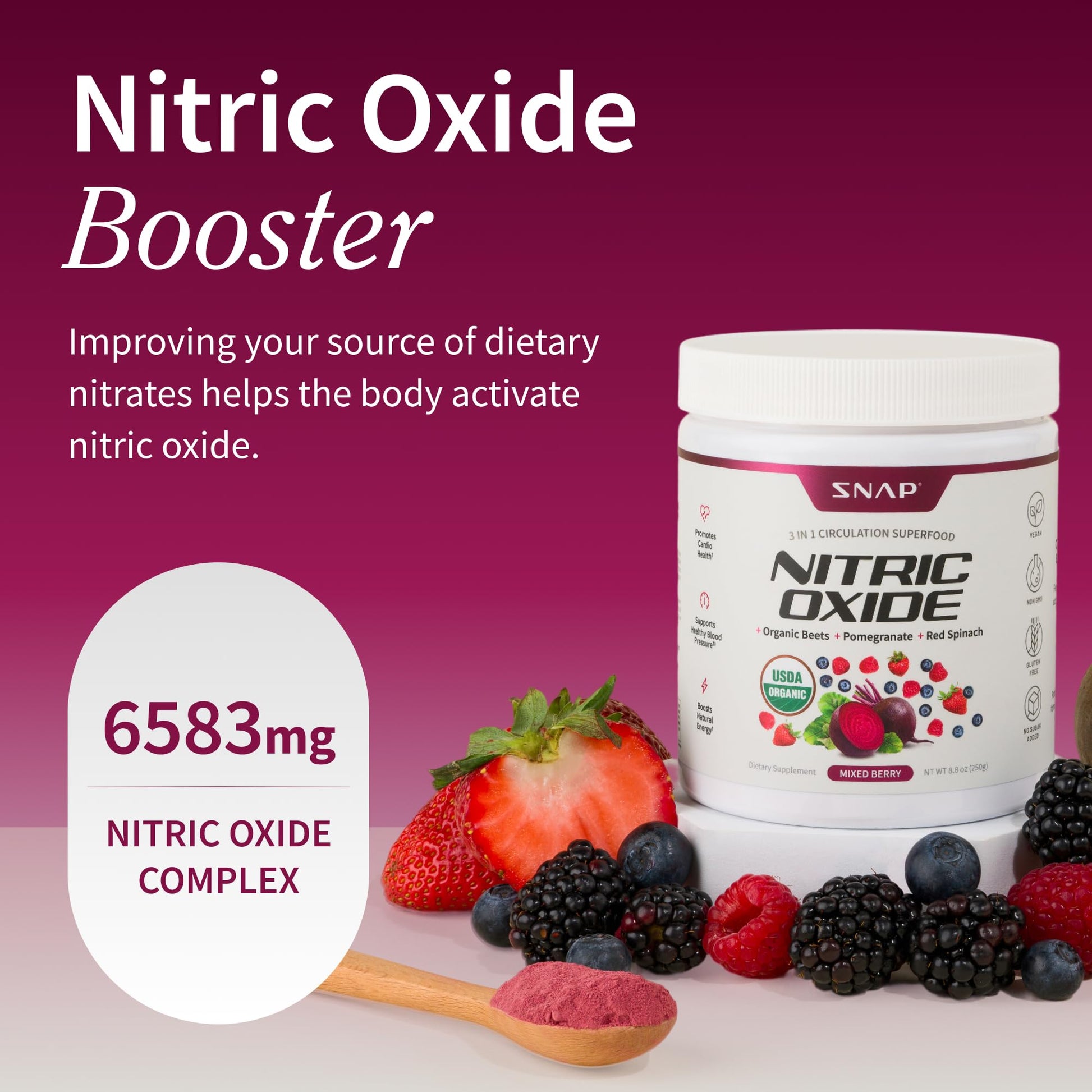Snap Supplements Organic Beet Root Powder Nitric Oxide Supplement for Men & Women, Red Spinach & Pomegranate, Supports Healthy Energy & Blood Pressure Already in Normal Range, 30 Servings, Mixed Berry Snap Supplements Au supplements