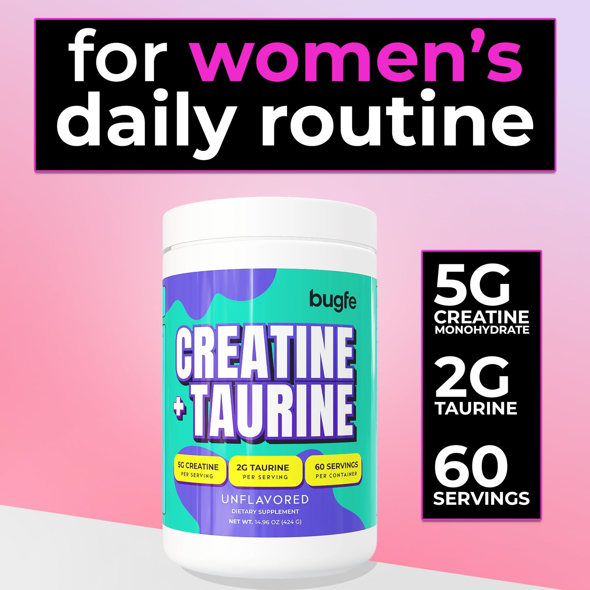 Creatine with Taurine for Women & Men - Unflavored Micronized Creatine Monohydrate Plus Taurine Powder to Support Muscle Strength, Recovery & Brain Health (60 Servings) Bugfe Au supplements