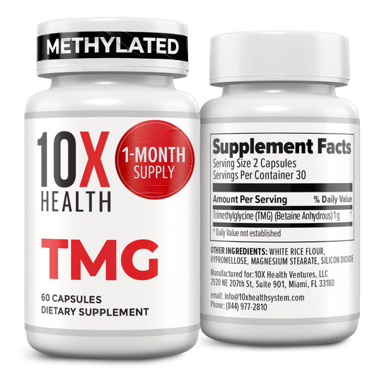 10X Health TMG Supplements - Trimethylglycine Supplement for Liver Support, Heart Wellness, Energy, Homocysteine Levels - TMG Capsules with Betaine Anhydrous 10X Health SystemUS supplements