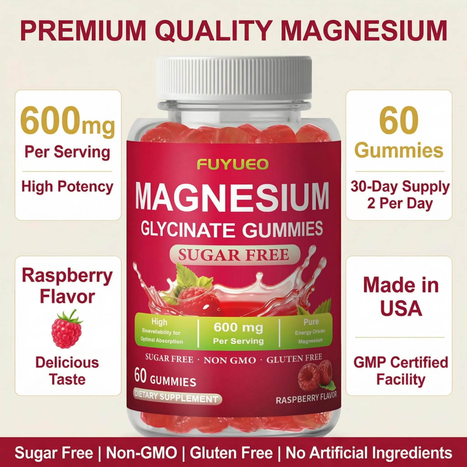 FUYUEO Magnesium Glycinate Gummies for Sleep & Relaxation, Sugar Free High Absorption Magnesium Supplement for Men & Women, Gentle on Stomach, Chewable, Raspberry, 60 Count (Pack of 1) FUYUEO Au supplements