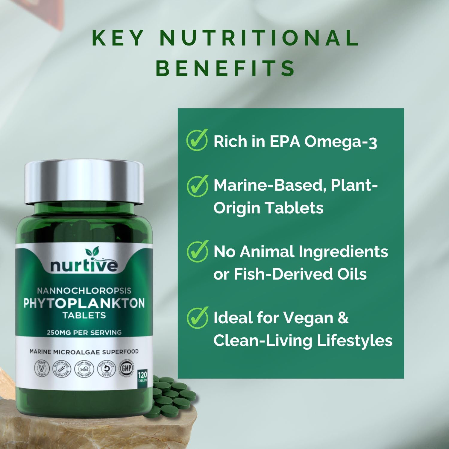 NURTIVE Nannochloropsis Phytoplankton Tablets – 250mg per Serving – Vegan, Gluten-Free, Non-GMO, No Fillers – Third-Party Tested, GMP Certified – 2 Tablets/Day for 2 Month, 120 Tablets/Bottle NURTIVE Au supplements