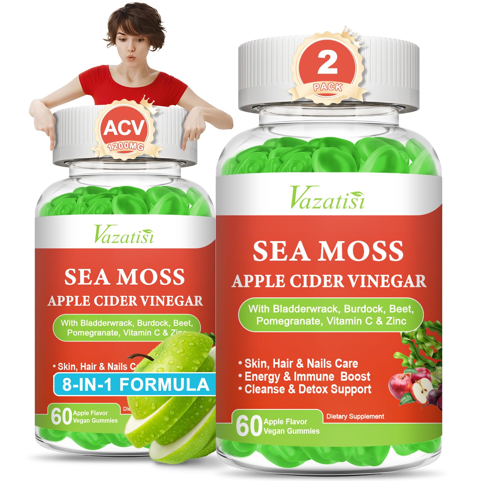 Vazatisi 2 Pack Apple Cider Vinegar Gummies, ACV with Sea Moss Gummies for Metabolism, Digestion, Detox, Gut & Immune Health, Apple Flavored -120 Count Vazatisi Au supplements