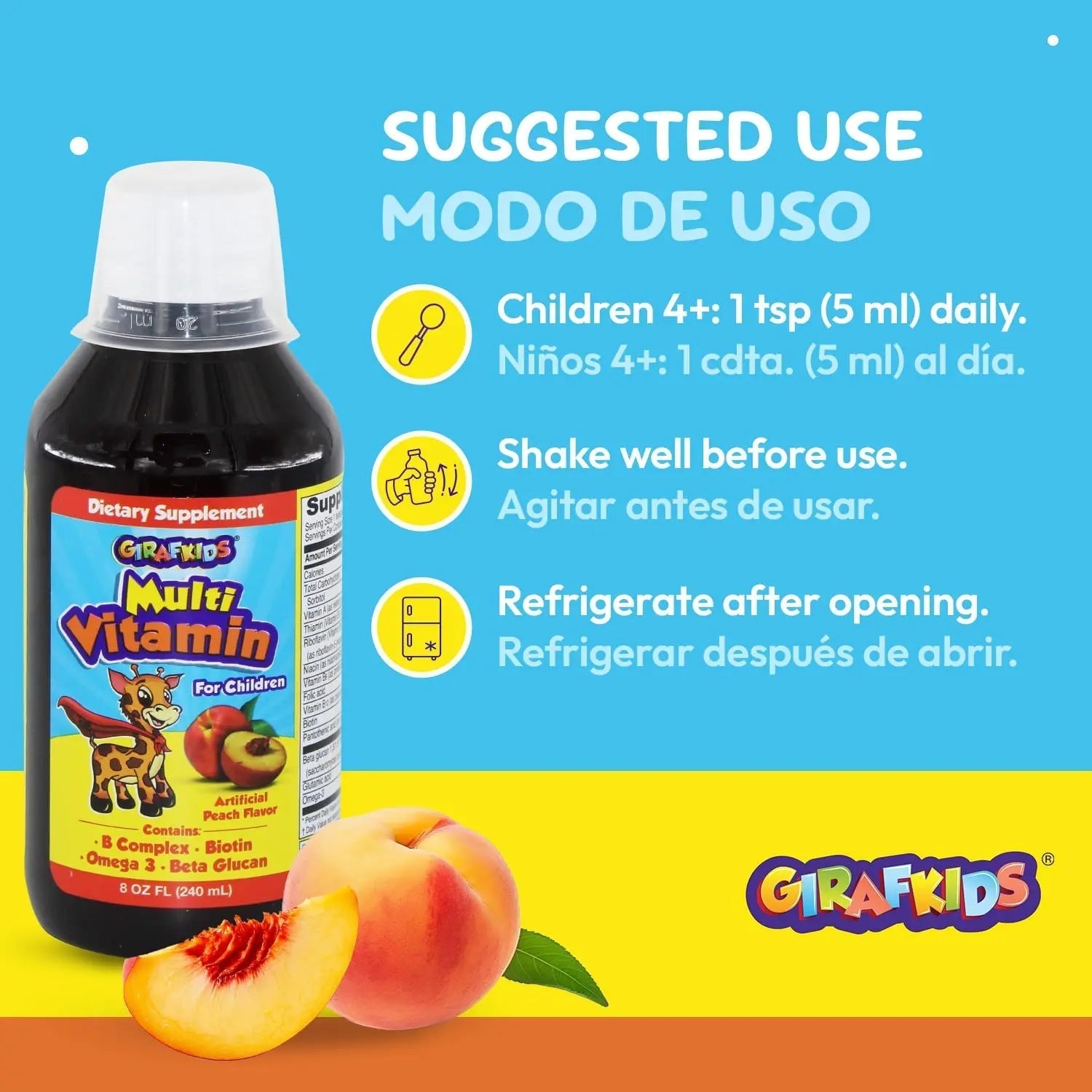 GirafKids Liquid Multivitamin for Kids Ages 4+, 8oz - Daily Child Vitamins with Biotin, Vitamin A, B Complex, Folic Acid, Omega-3 & Beta Glucan PHARMADEL Au supplements
