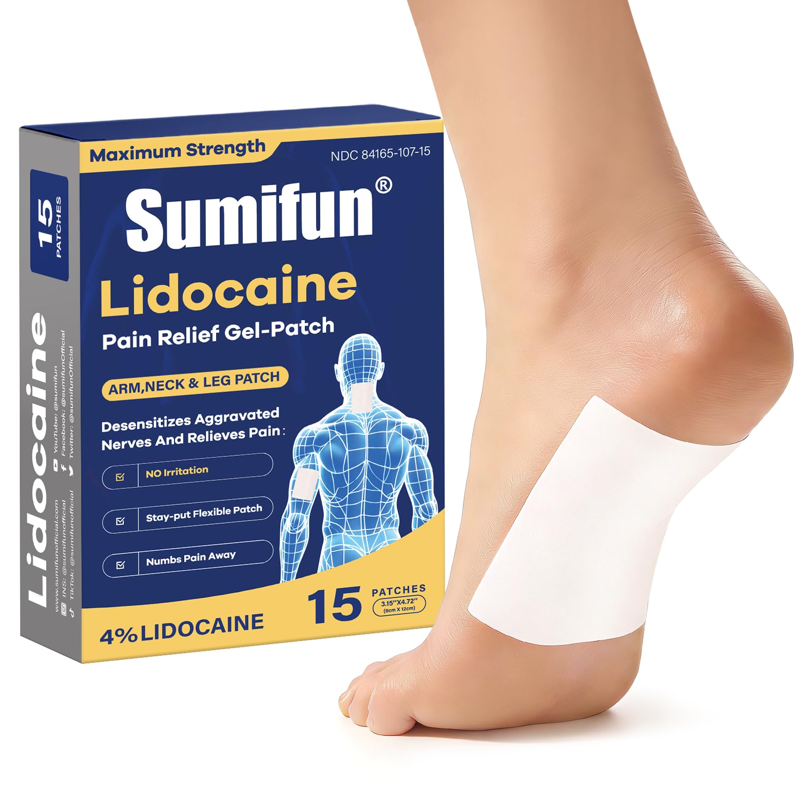 Sumifun Medium Size Lidocaine Patches - Plantar Fasciitis Relief, Foot & Neck & Arm & Small Pain Areas - Maximum OTC Strength - Stays in Place (Small, Count, 15) Sumifun Au supplements