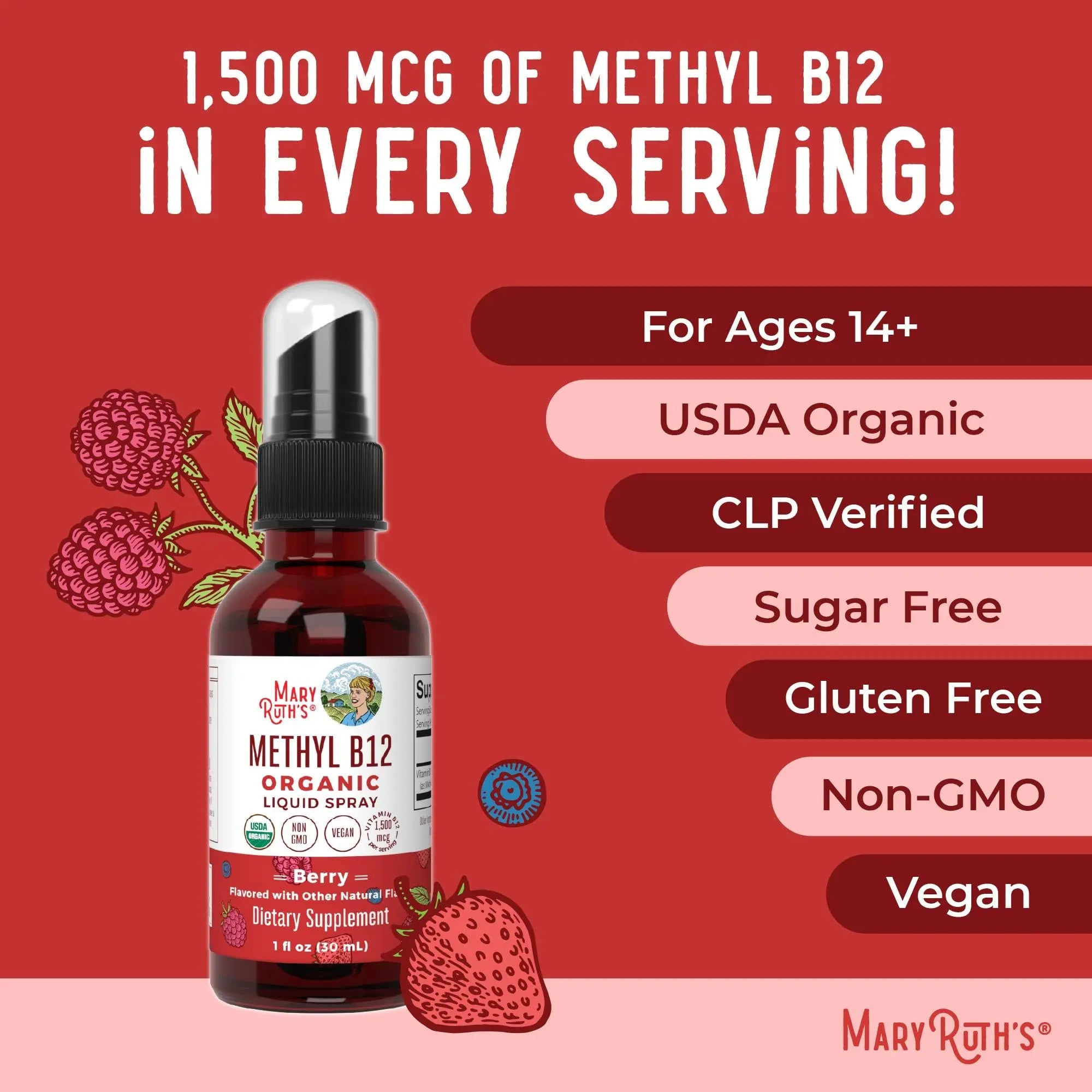 MaryRuth Organics Methyl B12 Spray | 1,500 mcg B12 Per Serving | Methylcobalamin | Energy Metabolism | Nervous System Support | Neuro Health | Vegan | Gluten Free | Sugar Free | 1 Fl Oz MARYRUTH'S Au supplements