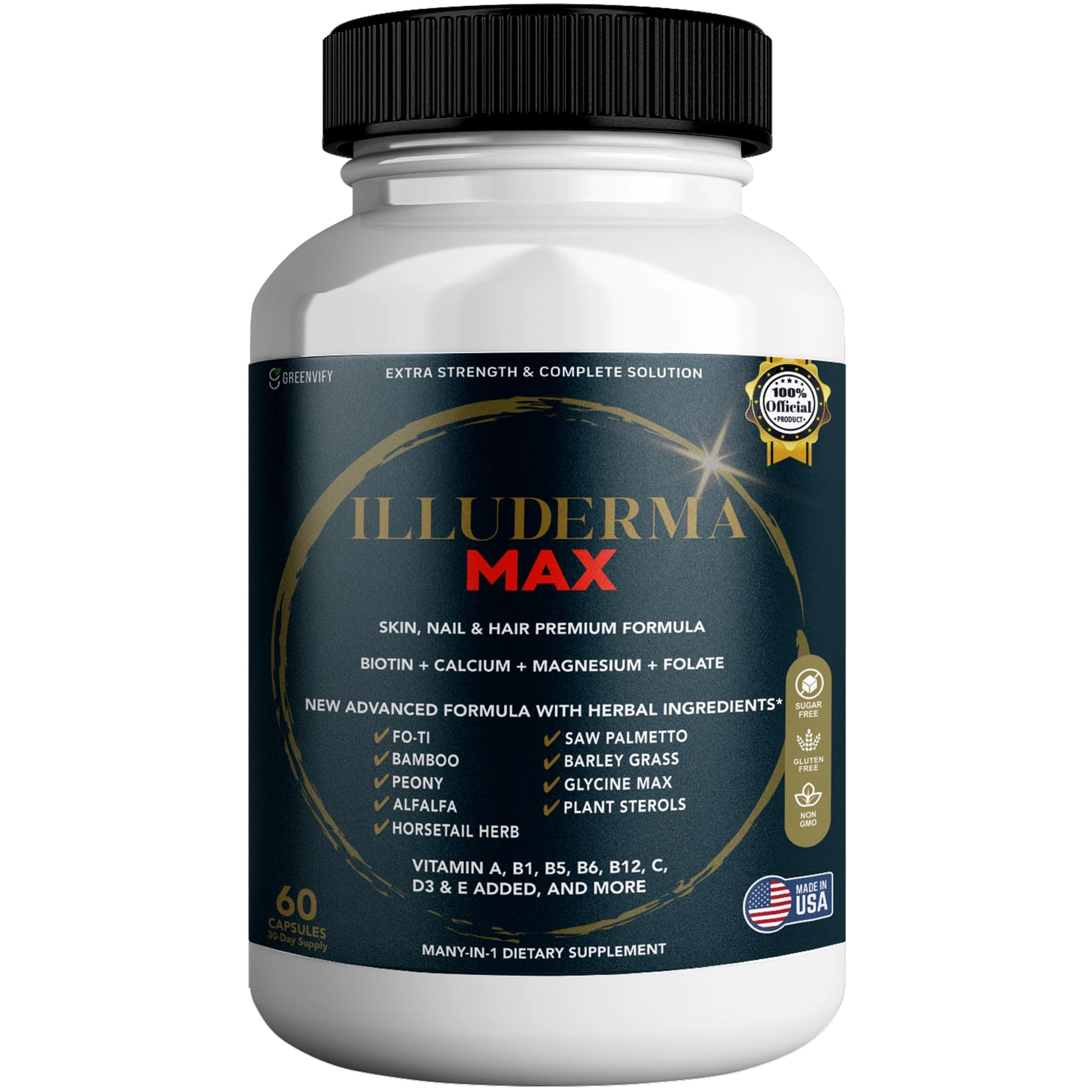 GREENVIFY Illuderma Max Hair, Skin and Nail Supplement, 60 Capsules, with Biotin 5000mcg, Vitamins and Herbal Blend (1) GREENVIFY Au supplements