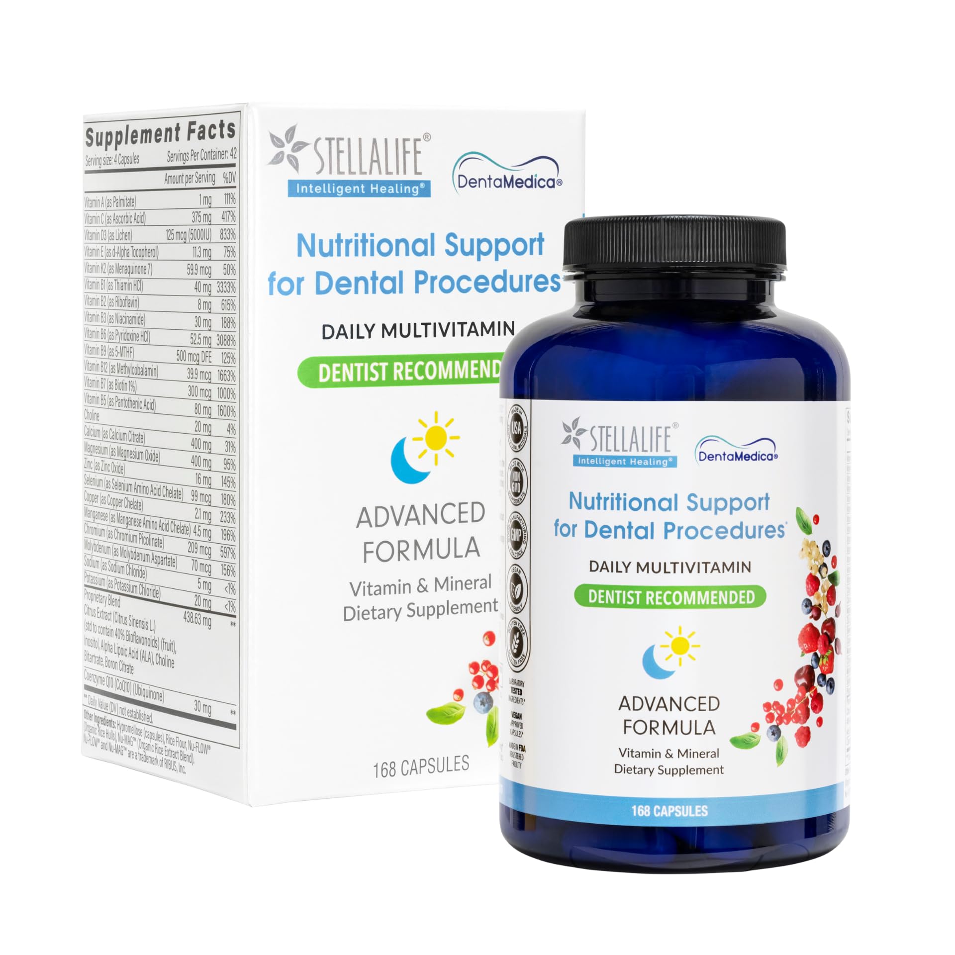 StellaLife DentaMedica Vegan Daily Multivitamin Nutritional Support for Faster Dental Surgery Recovery, VIT D3 K2 C B Zinc CoQ10 Magnesium, Healthy Bones & Gums, Non-GMO, GMP USA, 168 Capsules StellaLife Au supplements