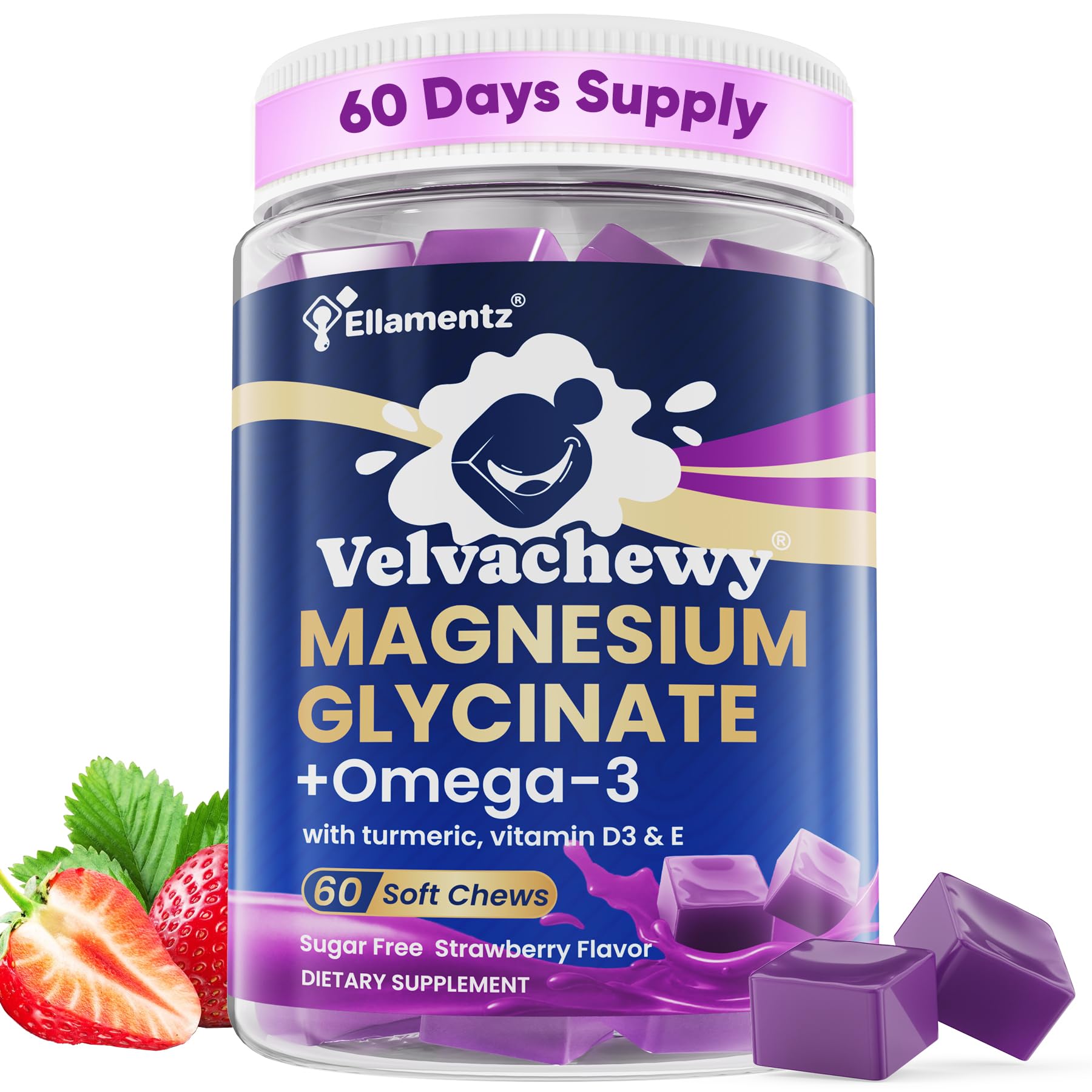 Magnesium Glycinate Gummies 500mg - Magnesium with Omega-3, Turmeric, Vitamin D3 & E | Magnesium Glycinate Soft Chews for Adults | for Sleep, Muscle & Brain | 60 Counts ELLAMENTZ Au supplements