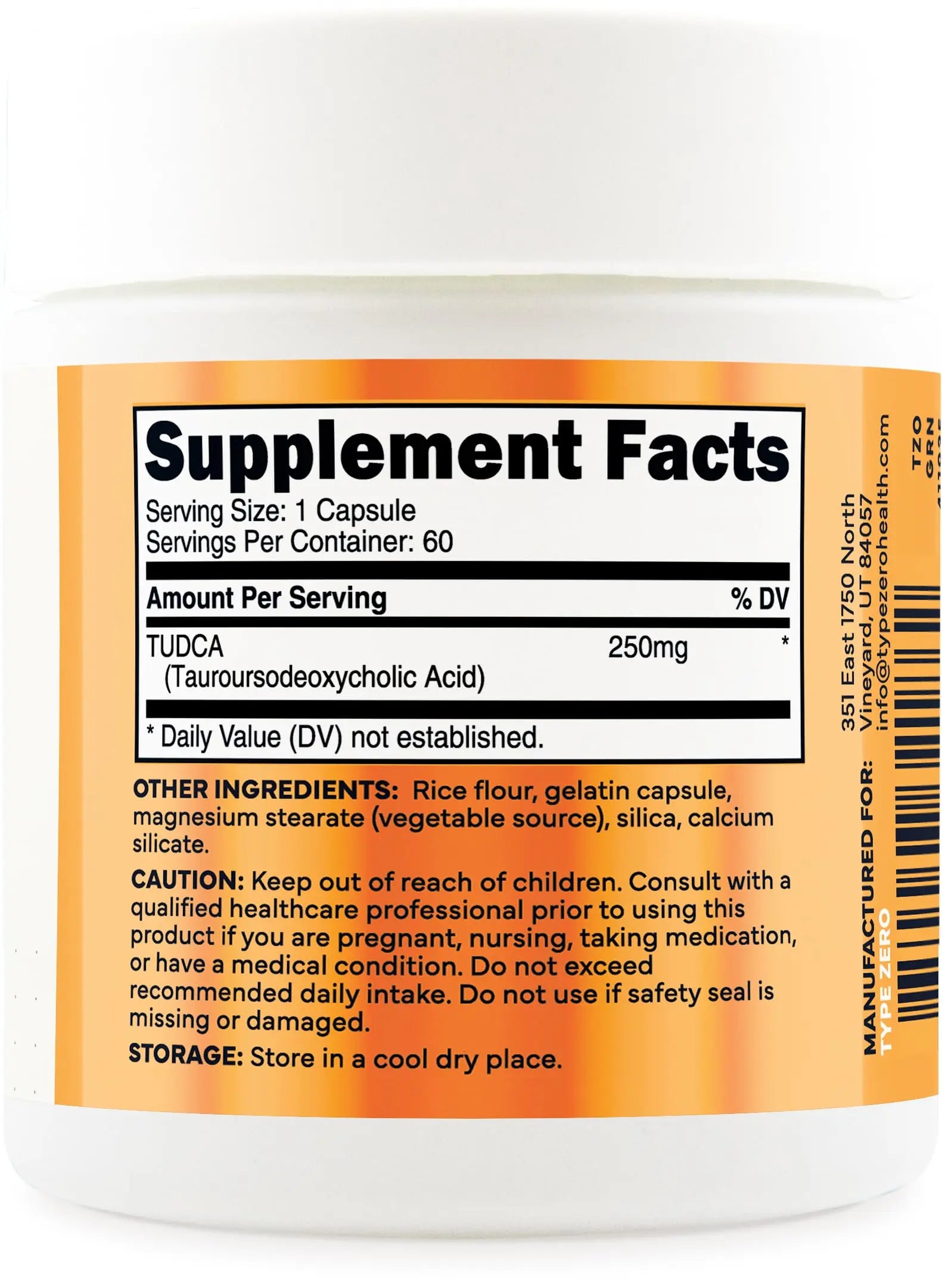 Type Zero Clean TUDCA Capsules 250mg - Pure Tauroursodeoxycholic Acid Supplement - Bile Salt Derivative - 60 Capsules, 60 Servings Type Zero Au supplements