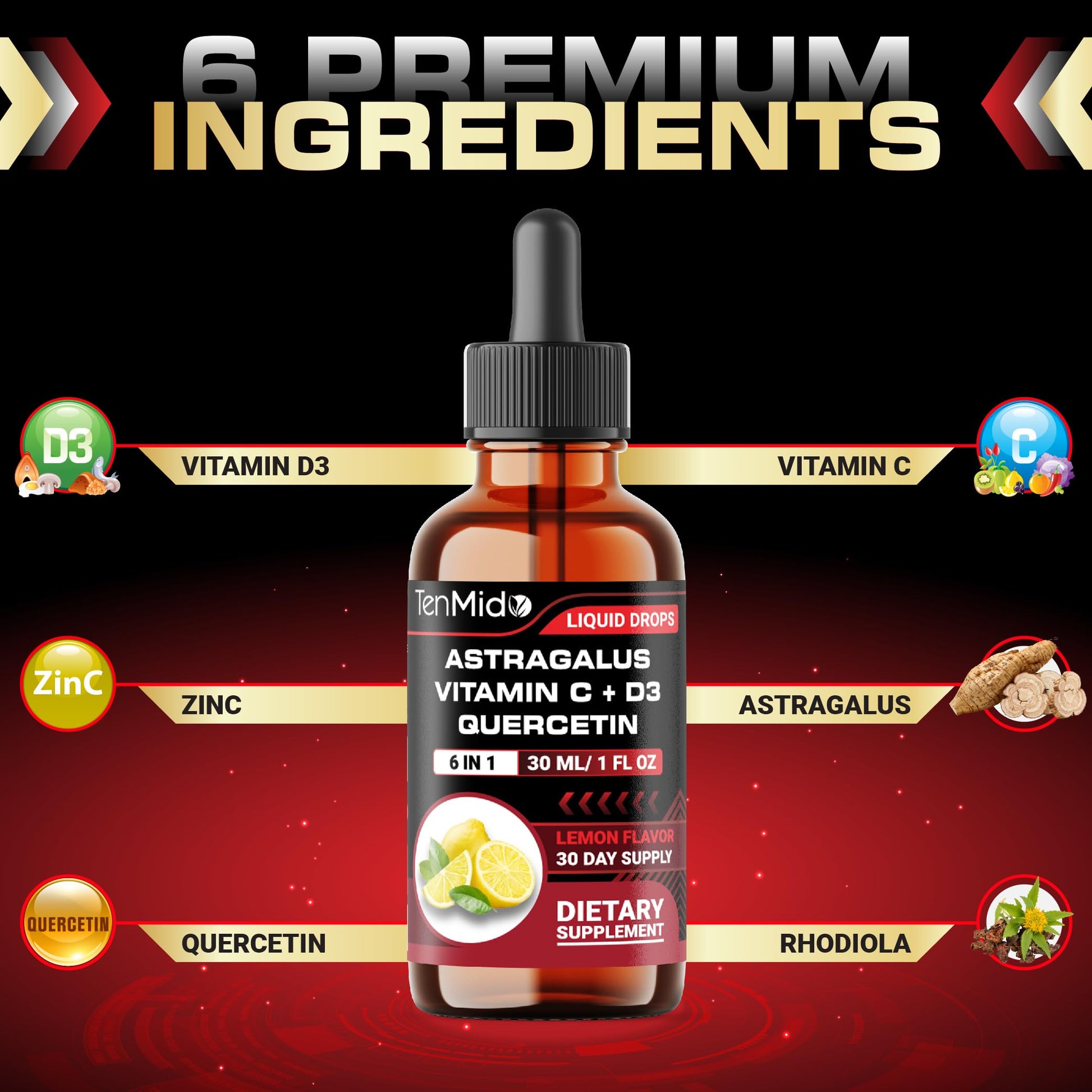 Tenmido 6-in-1 Astragalus Root Tincture - Herbal Extract Supplements with Quercetin, Rhodiola Rosea, Vitamin D3, Vitamin C, and Zinc - Vegan, Non-GMO - 30ml 1 Fl Oz Tenmido Au supplements