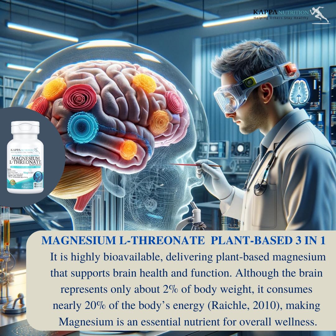Kappa Nutrition Powered by Magbrain™ Magnesium L-Threonate Plant-Based, 90 Vegan Capsules, 420mg Elemental Magnesium (3 Capsules) from 2,253mg, Brain, Sleep & Muscle Support. KAPPA NUTRITION Au supplements
