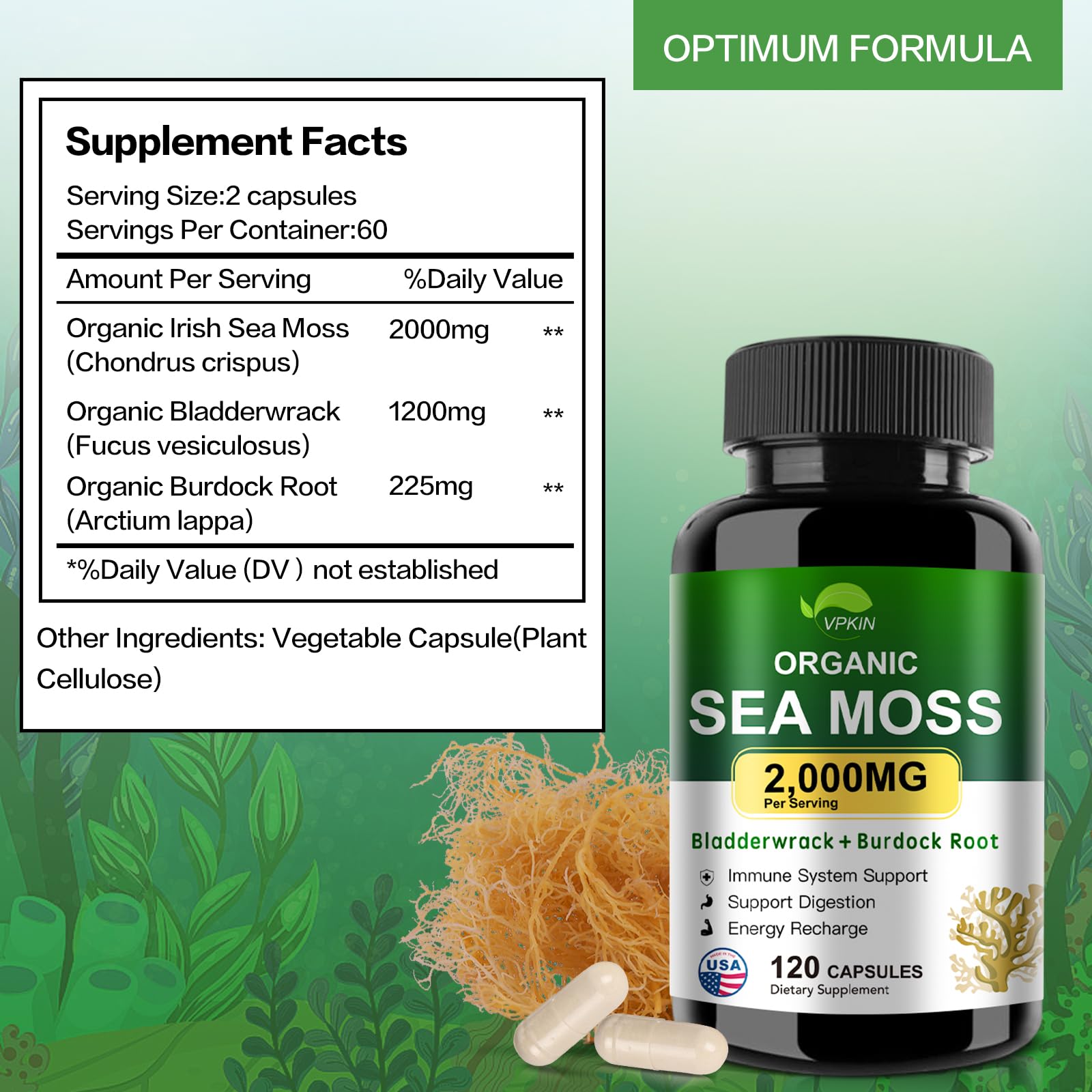 VPKIN Organic Sea Moss Capsules with Bladderwrack,Burdock Root and Black Pepper Extract-Irish SeaMoss Pills 2000mg-Promotes Immune System,Thyroid Support(120 Capsules) VPKIN Au supplements