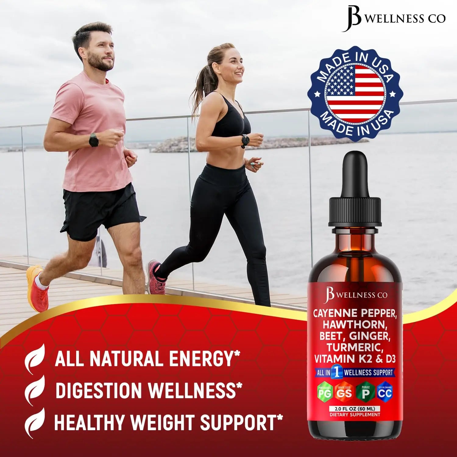 Cayenne Pepper Supplement Liquid Drops + Hawthorn Berry, Vitamin D3 K2 Beet Root Powder, Ceylon Cinnamon, Turmeric Curcumin, Organic Panax Ginseng - 4oz JB Wellness Co Au supplements