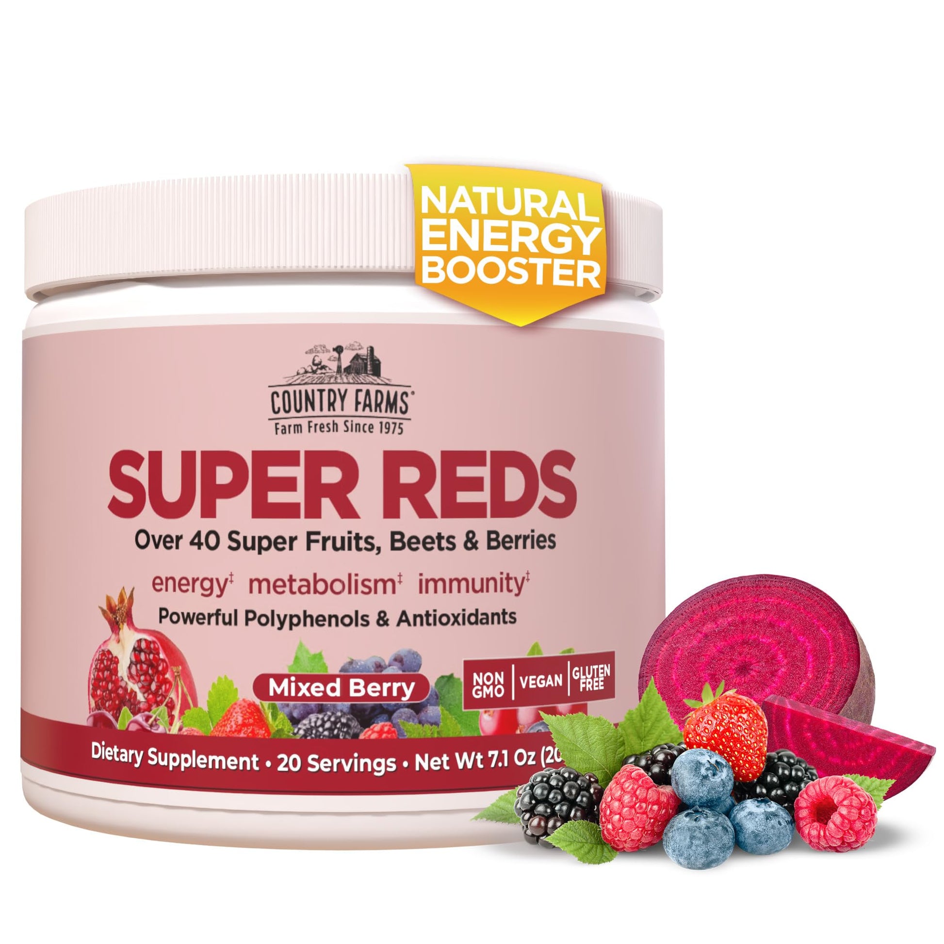 COUNTRY FARMS Super Reds, Energizing Polyphenol Superfood, 48 Super Fruits and Berries, Powerful Antioxidants and Polyphenols, Supports Energy, 20 Servings, Mixed Berry Flavor Country Farms Au supplements