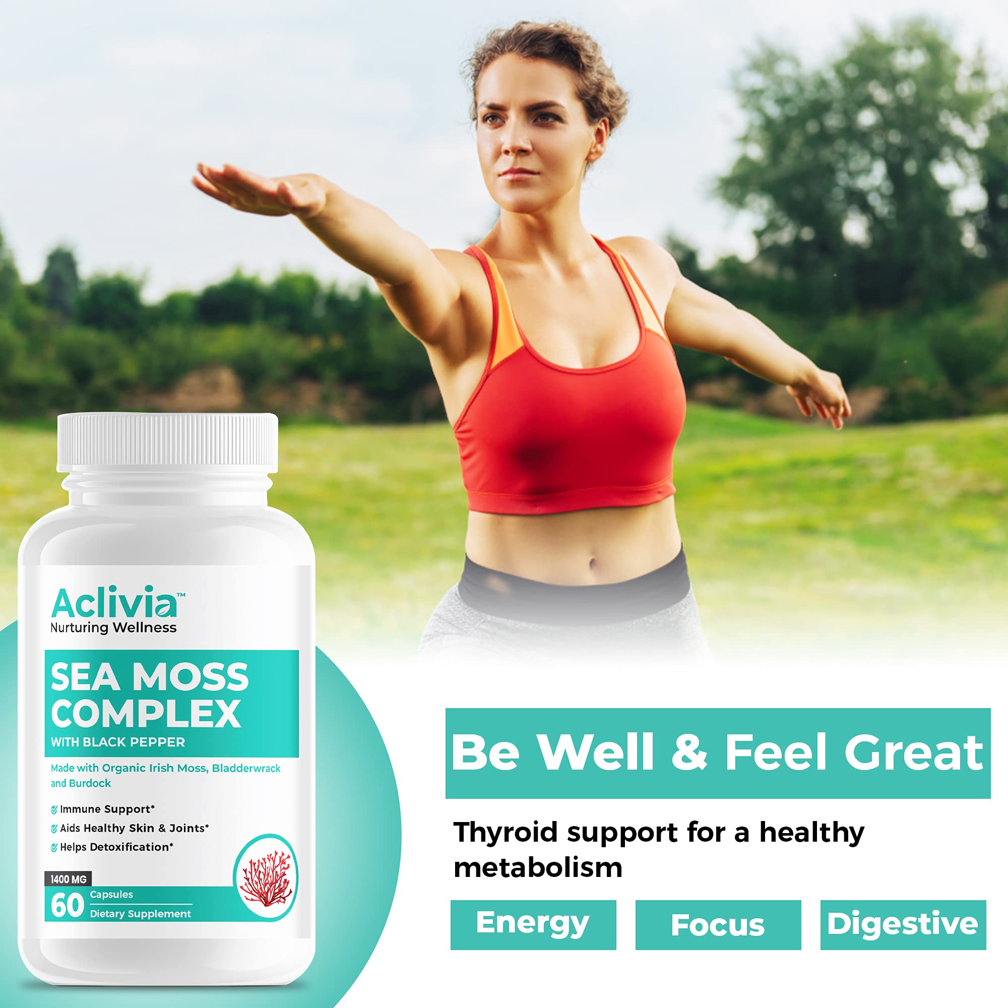 Aclivia - Organic Irish Sea Moss Capsules with Bladderwrack & Burdock Root - 102 Minerals Sea Moss Supplement - Thyroid Support, Immune Boost - Non-GMO (60 Count) Aclivia Au supplements