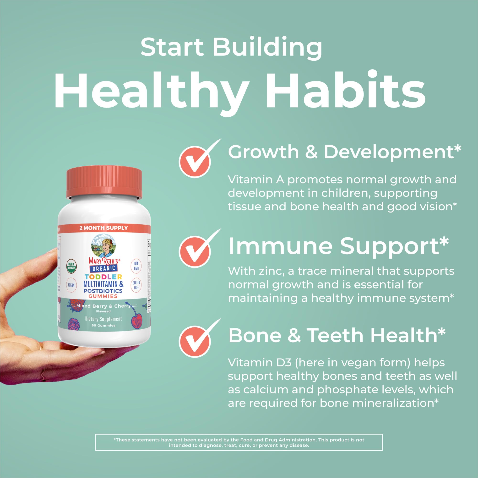 MaryRuth Organics Toddler Multivitamin Gummies + Postbiotics | USDA Organic | Vitamins for Kids Ages 2+ | Immune Support | Vitamin C | Vitamin D3 | Vitamin A | Zinc | Vegan | Non-GMO | 60 Servings MARYRUTH'S Au supplements