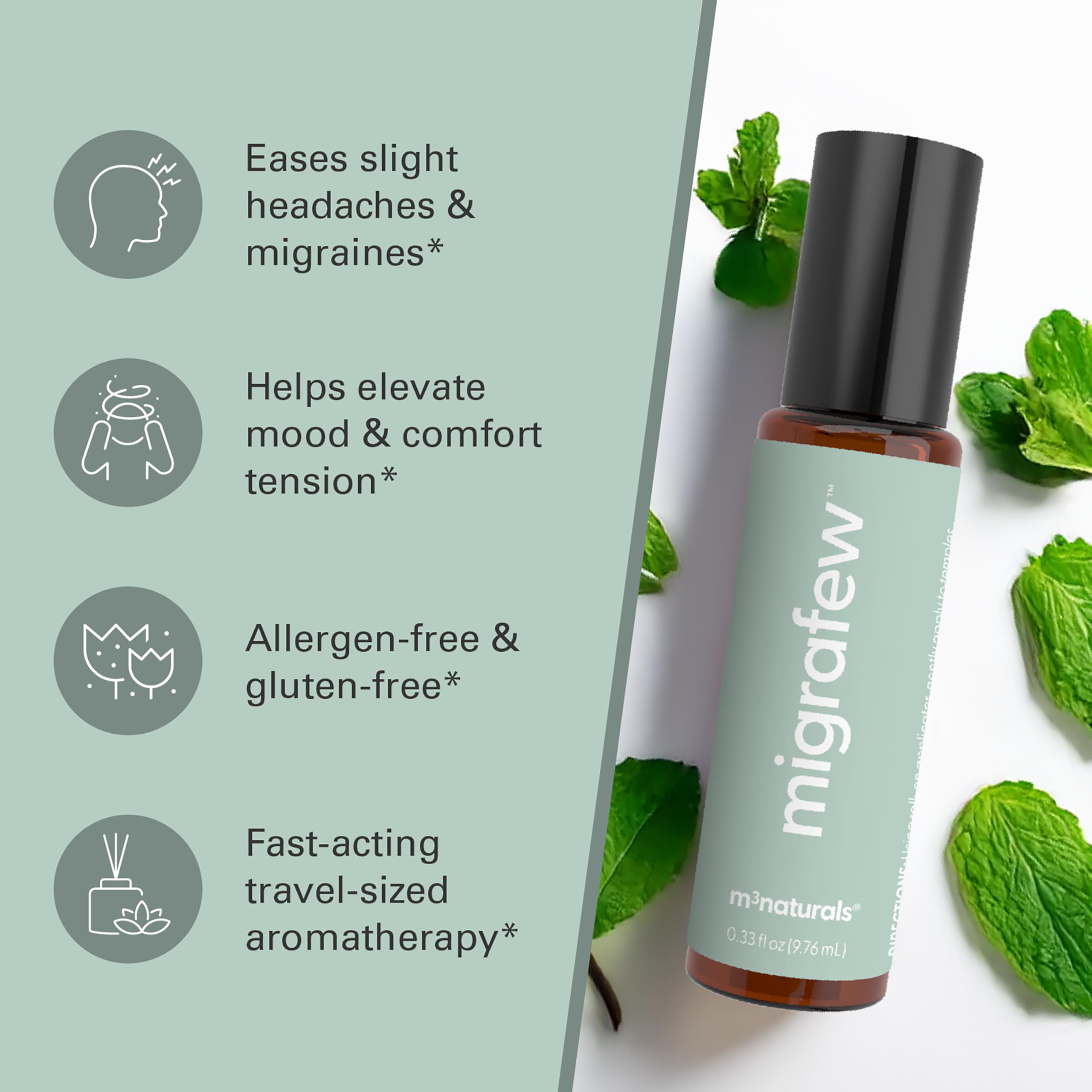 MigraFew Aromatherapy Migraine Roll On | Compact Headache Relief with Cooling Metal Roller for Head Tension and Pressure, Made with Peppermint, Spearmint and Lavender Essential Oils (0.33 FL oz) by M3 M3 Naturals Au supplements