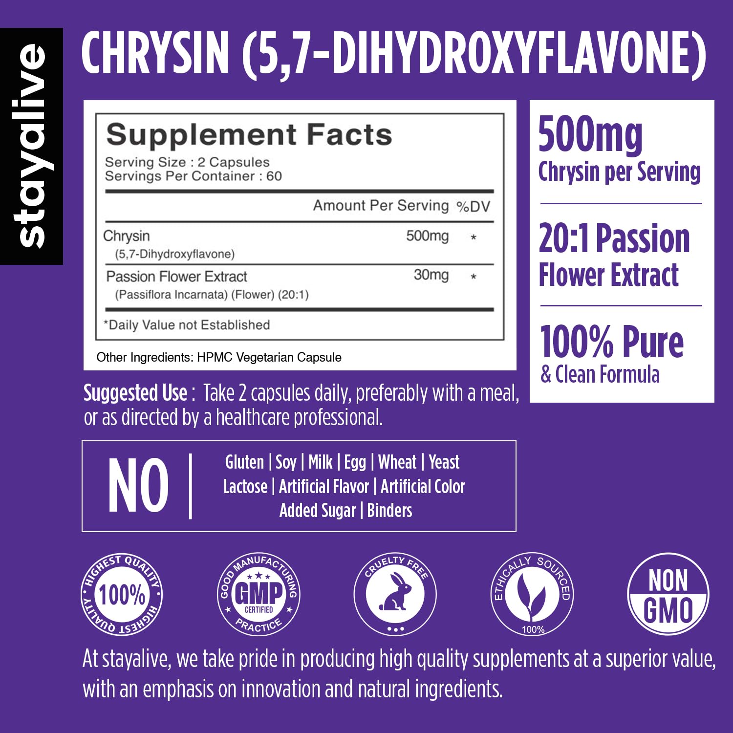 STAY ALIVE Chrysin Supplement 500mg & Passion Flower Extract Powder, 5,7-Dihydroxyflavone, Non-GMO and Gluten-Free Chrysin for Men and Women, 120 Capsules STAY ALIVE Au supplements
