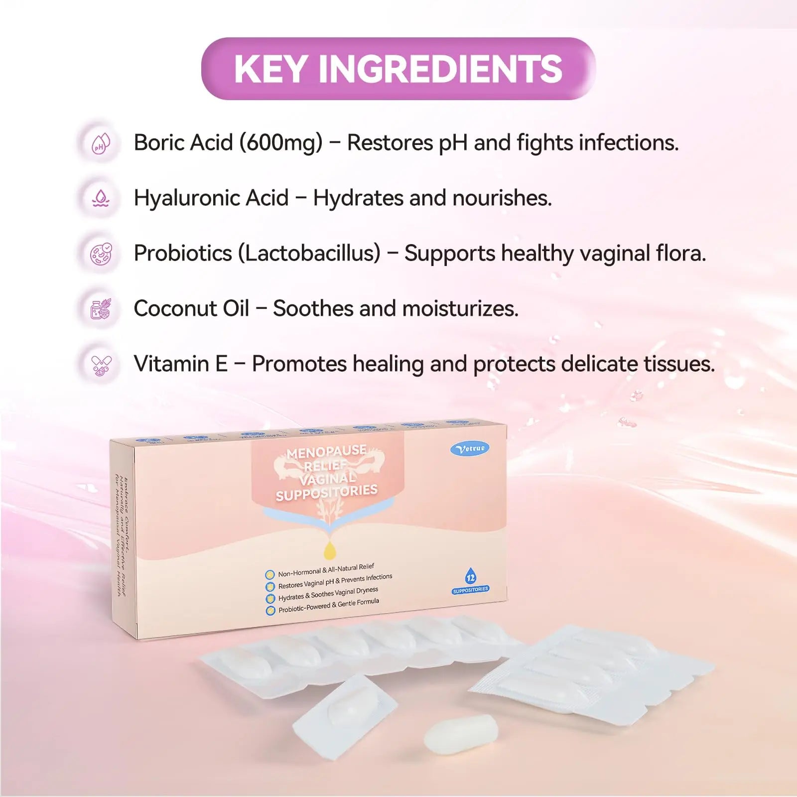 Vetrue Menopause Relief Vaginal Suppositories, Non-Hormonal, All-Natural Formula with Boric Acid, Hyaluronic Acid, Probiotics, Coconut Oil & Vitamin E, Soothes Vaginal Dryness & Discomfort(12 Inserts) vetrue Au supplements