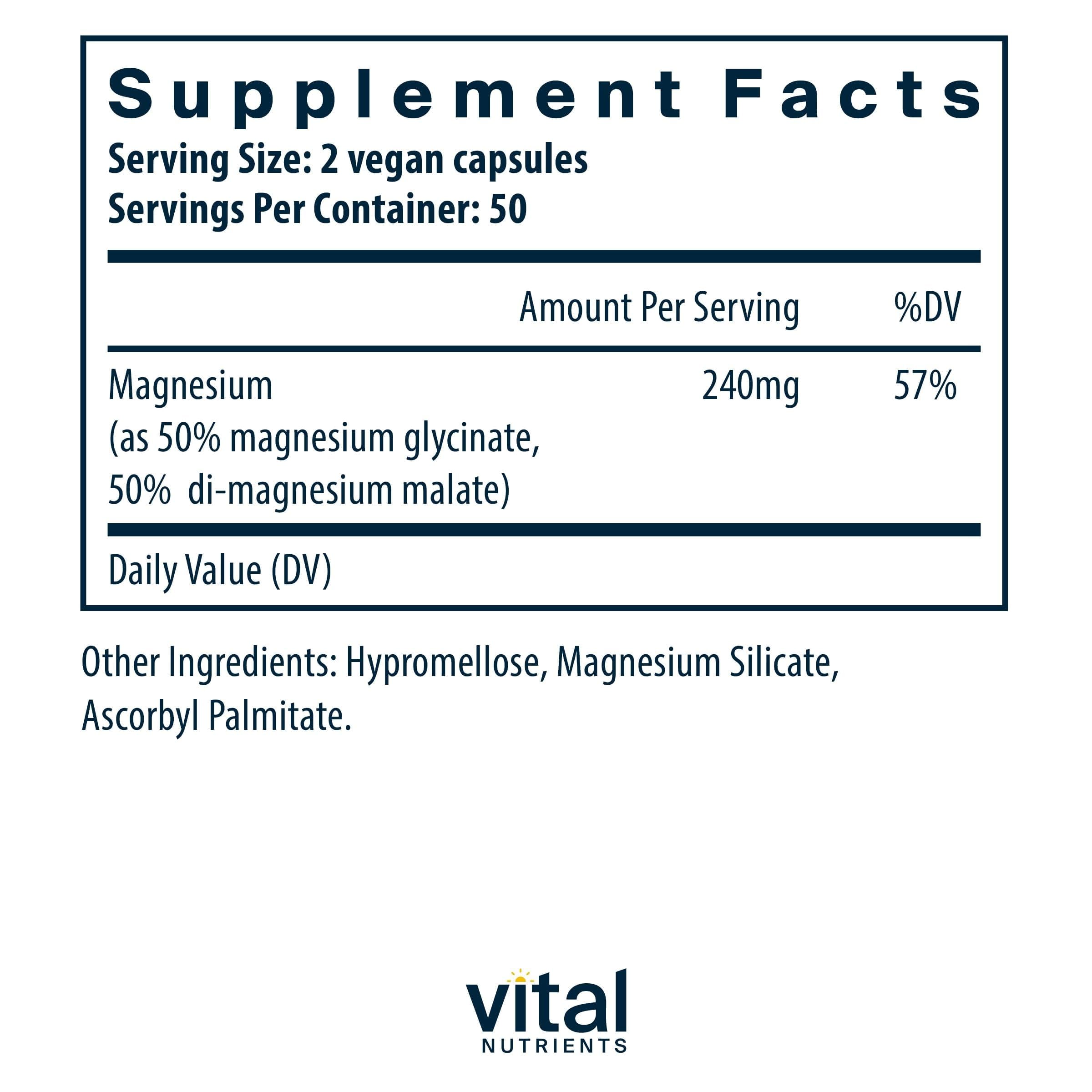 Vital Nutrients Magnesium Glycinate + Malate - 120mg Vegan Magnesium Supplement for Women and Men - Muscle, Heart, Bone Support* - Promotes Relaxation - Gluten, Dairy and Soy Free - 100 Capsules Vital Nutrients Au supplements
