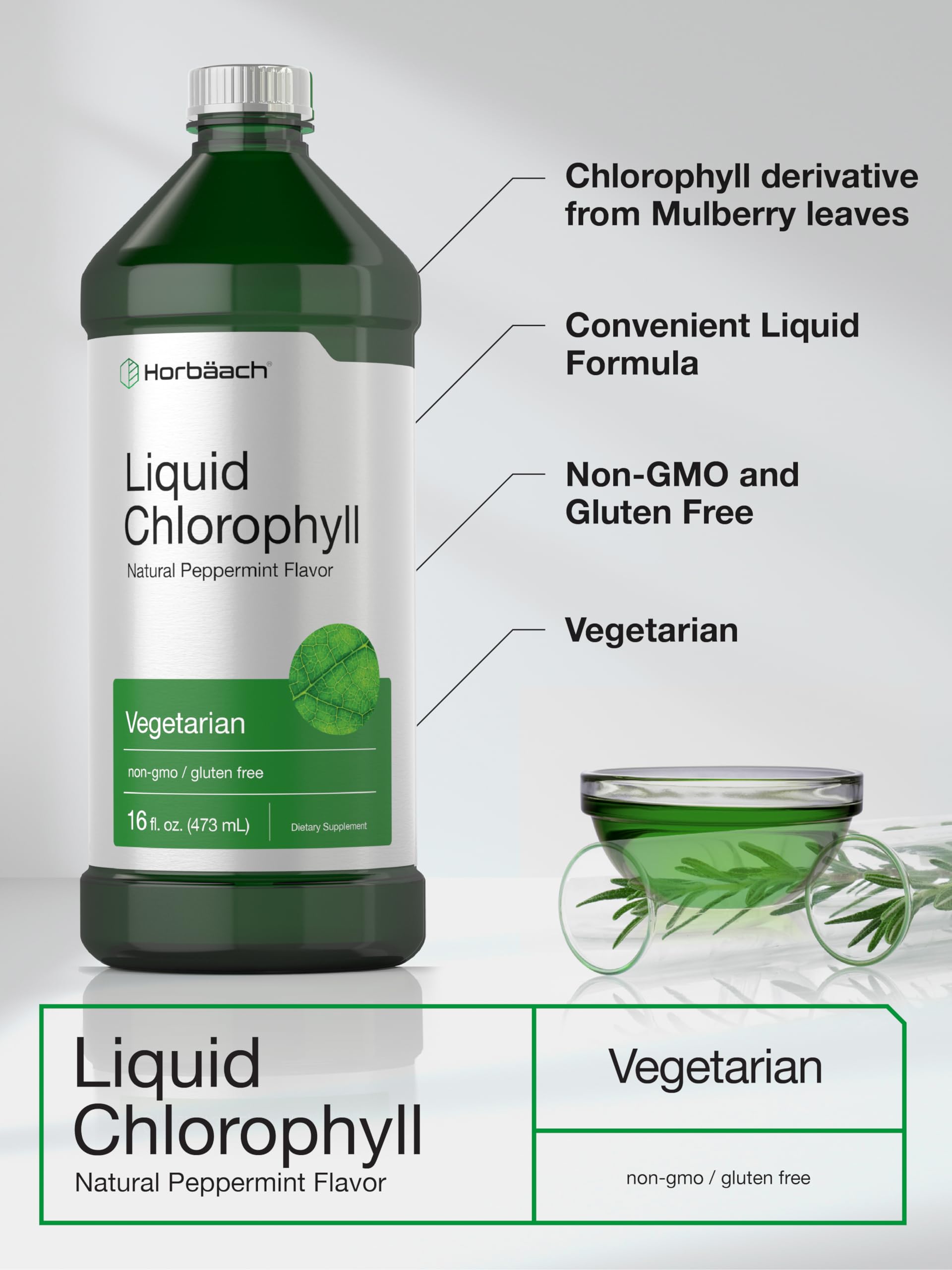 Chlorophyll Liquid Drops 100mg | 32 oz (2 x 16 oz Bottles) | Natural Peppermint Flavor Horbäach Au supplements