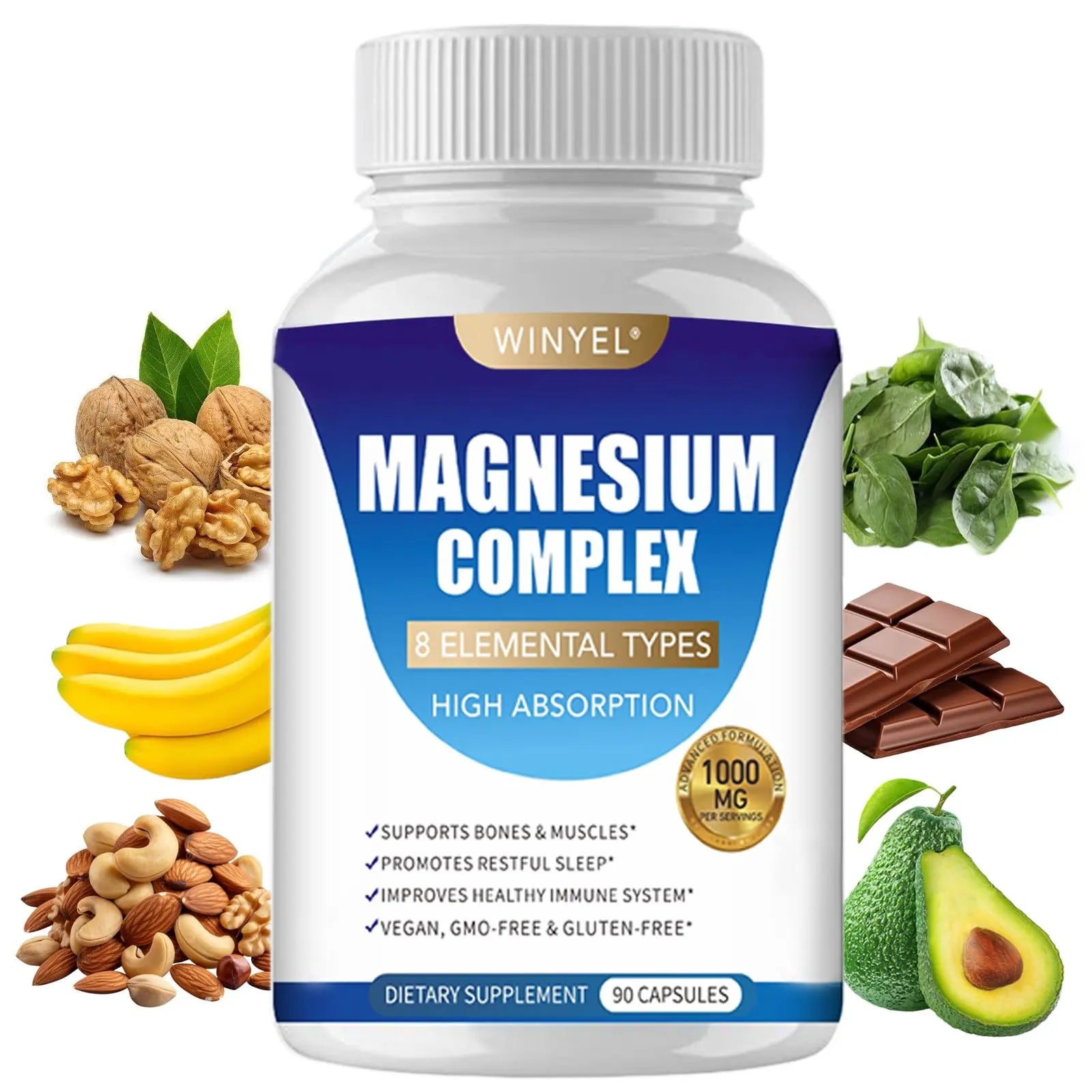 Magnesium Complex Supplement 8 Elemental 1000mg | Magnesium Supplement with Glycinate, Malate, Citrate | Sleep, Relaxation, Bone & Muscle | Vegan 90 Capsules WINYEL Au supplements