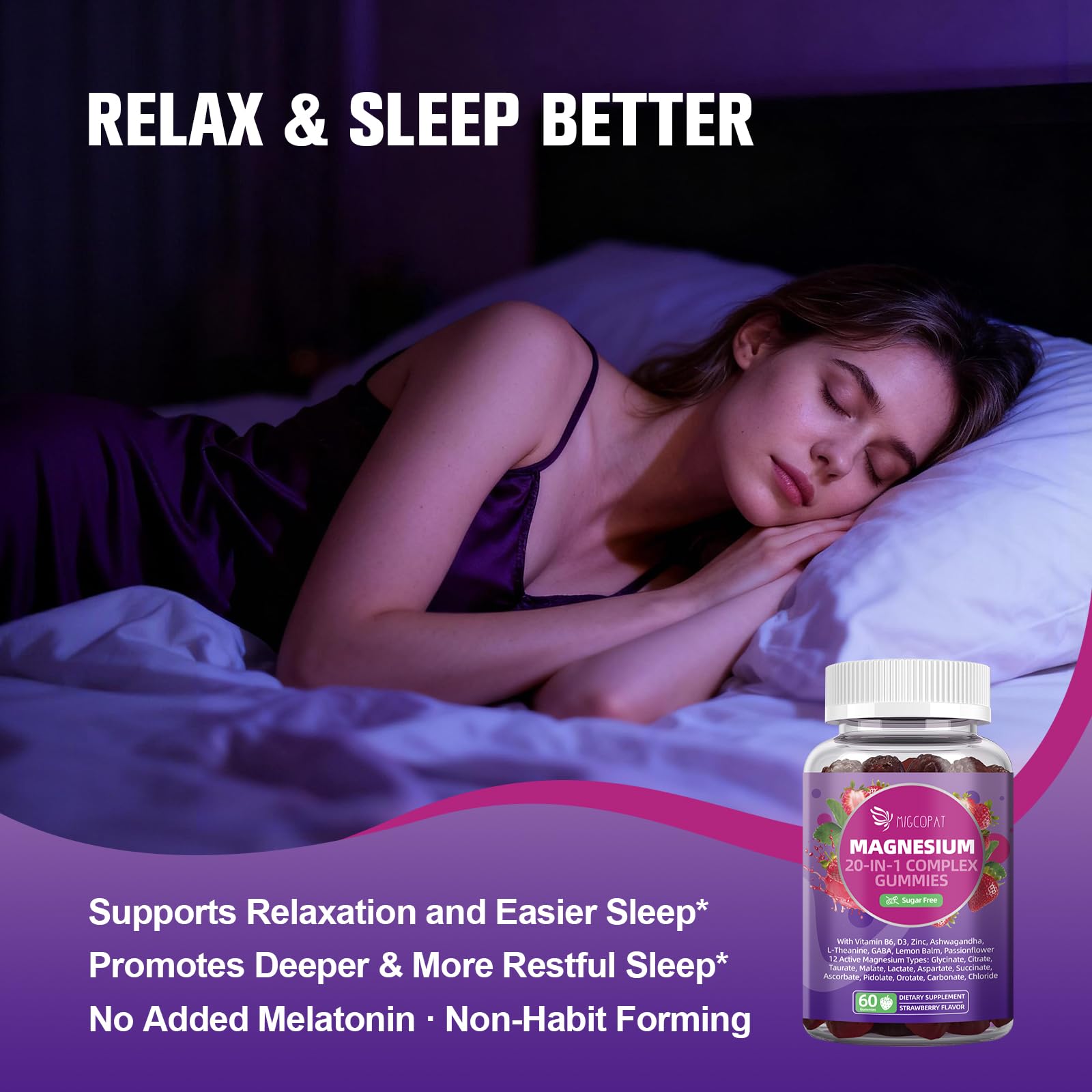 Migcopat Magnesium Complex Gummies, 20 in 1 Magnesium Gummy with Glycinate Citrate Malate Taurate - Ashwagandha, L-Theanine, D3&Zinc for Relaxation, Sleep, Muscle&Heart Support, Strawberry, 60 Cts Migcopat Au supplements