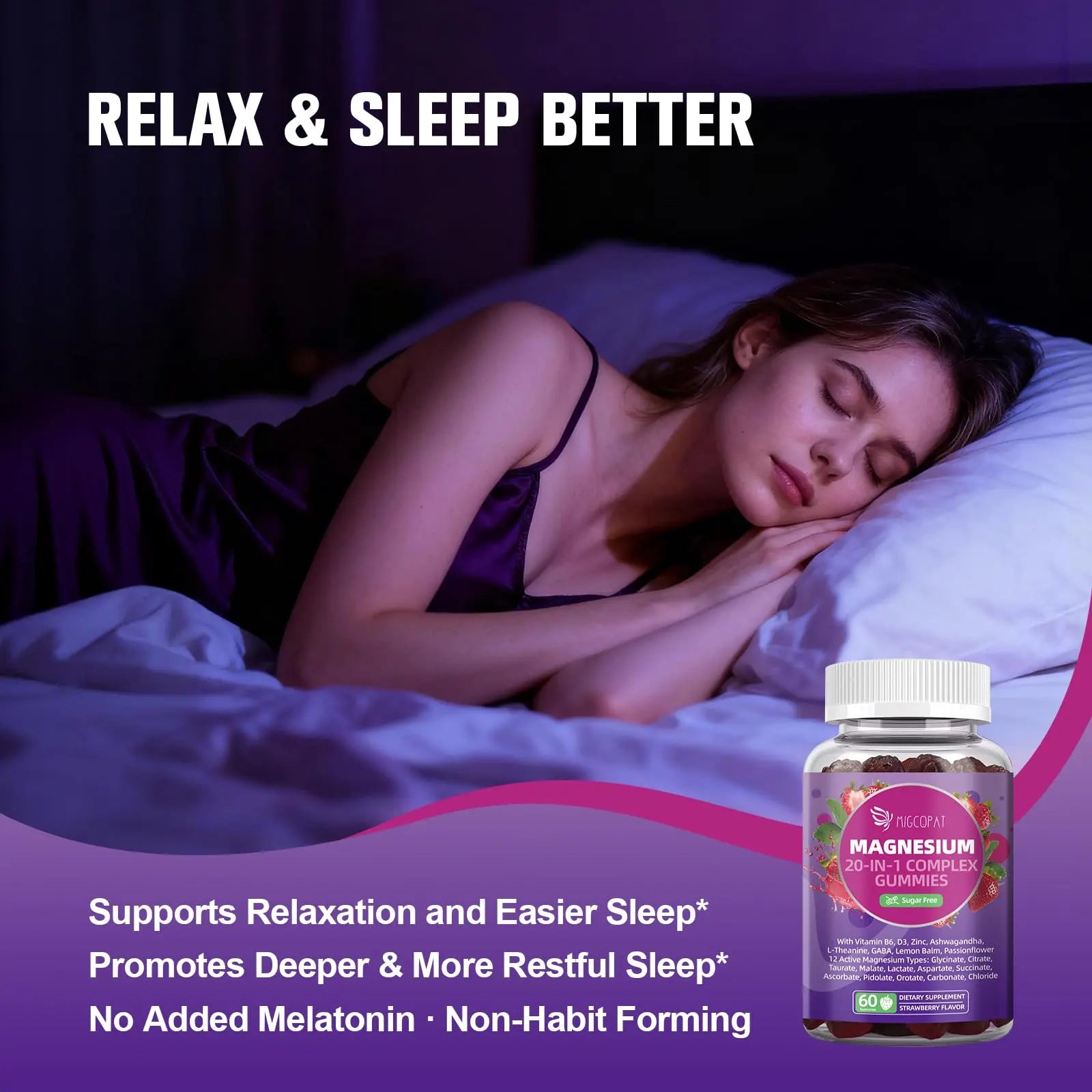 Migcopat Magnesium Complex Gummies, 20 in 1 Magnesium Gummy with Glycinate Citrate Malate Taurate - Ashwagandha, L-Theanine, D3&Zinc for Relaxation, Sleep, Muscle&Heart Support, Strawberry, 60 Cts Migcopat Au supplements