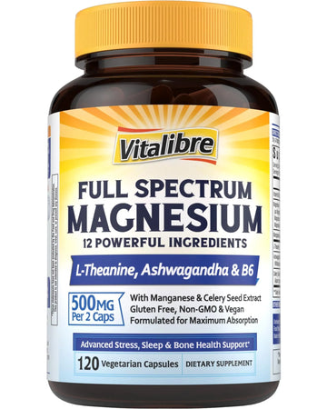 Vitalibre Magnesium Complex Supplement 500mg + Ashwagandha, L-Theanine, Vitamin B6 & Celery, High Absorption Magnesium Glycinate, Citrate, Malate, Sleep & Bone Support, 120 Vegan Capsules Vitalibre Au supplements