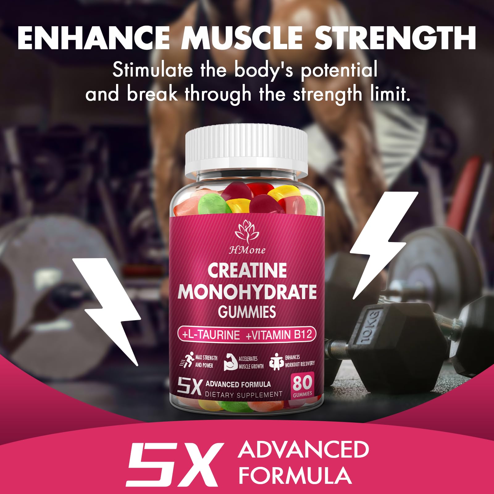 HMone Creatine Monohydrate Gummies - 5g for Men & Women, 160 Count and Creatine Chewable Supplements for Muscle Gain, Muscle Strength, Energy Boost, and Muscle Builder, Sugar Free, Vegan HMone Au supplements
