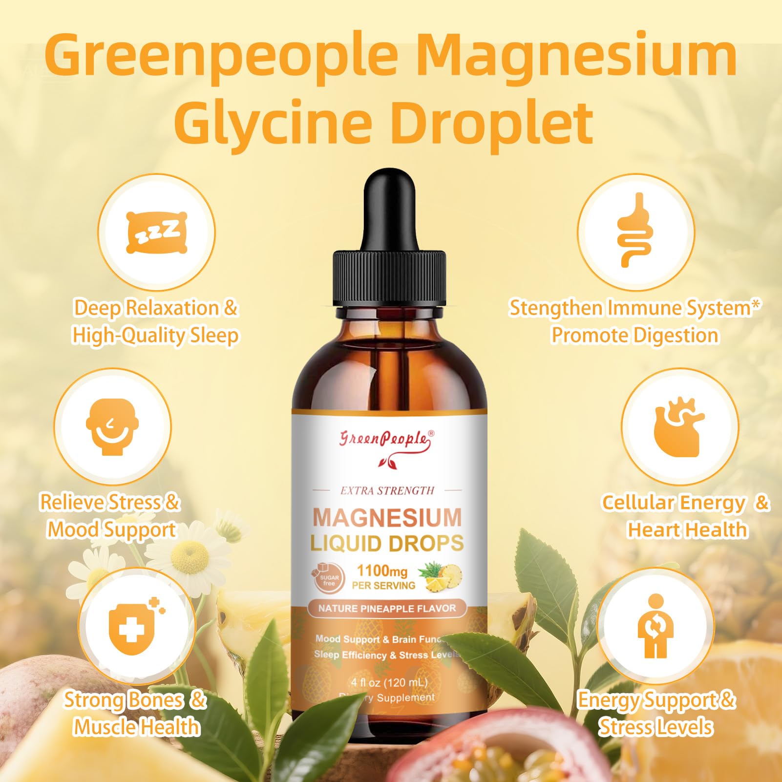 GREENPEOPLE Magnesium Glycinate Liquid Drop - 17-in-1 4Fl. Oz Triple Magnesium Complex Supplement with Glycinate 400mg & Citrate 500mg Taurate/L-Theanine for Calm Mood/Muscle/Sleep,Pineapple Flavor GREENPEOPLE Au supplements