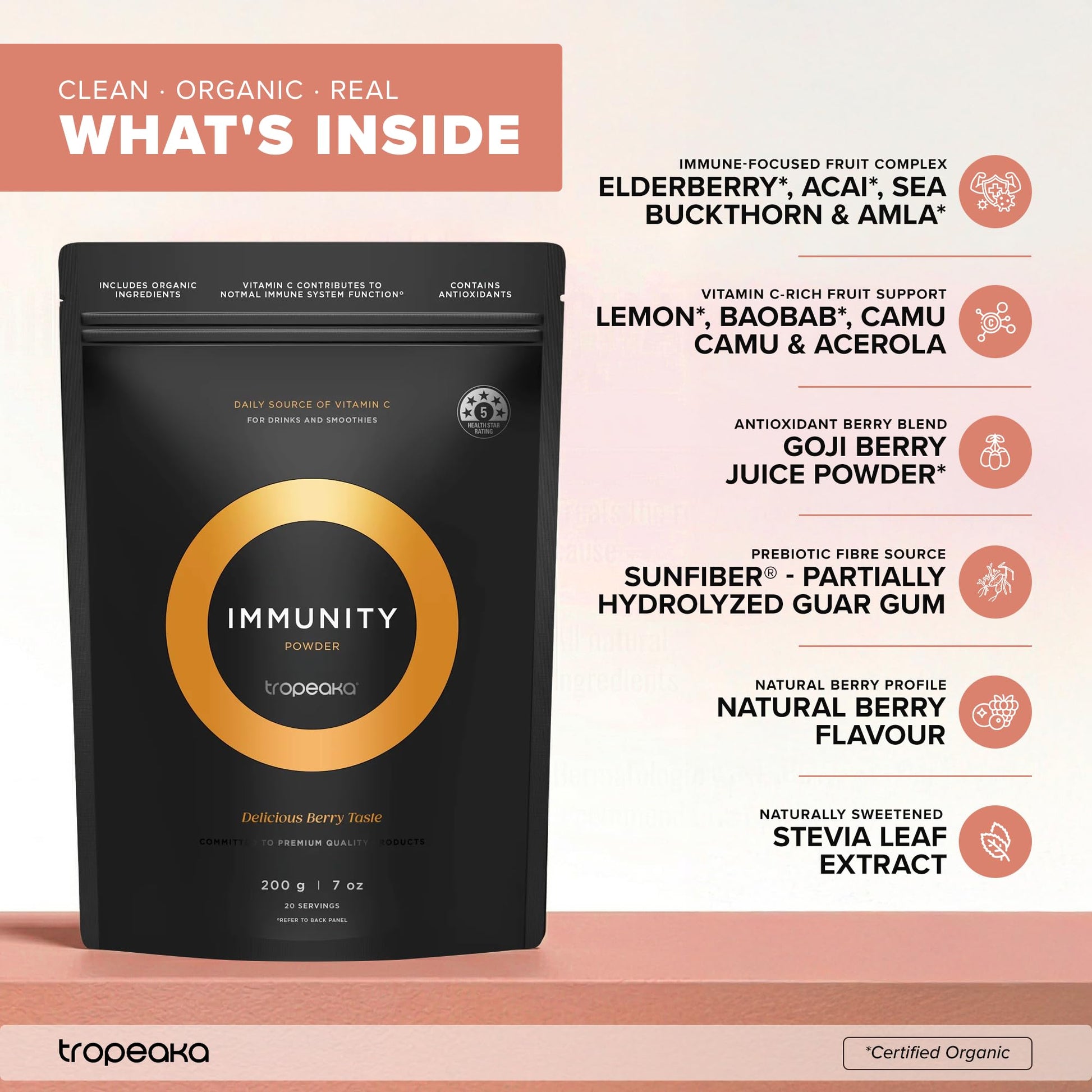 Tropeaka Immunity Powder - Immune Support Supplement, Antioxidant Rich Superfood Powder with Vitamins & Minerals, Boost Energy & Collagen Production - Vegan, Gluten Free, Non-GMO - 7oz (20 Servings) Tropeaka Au supplements