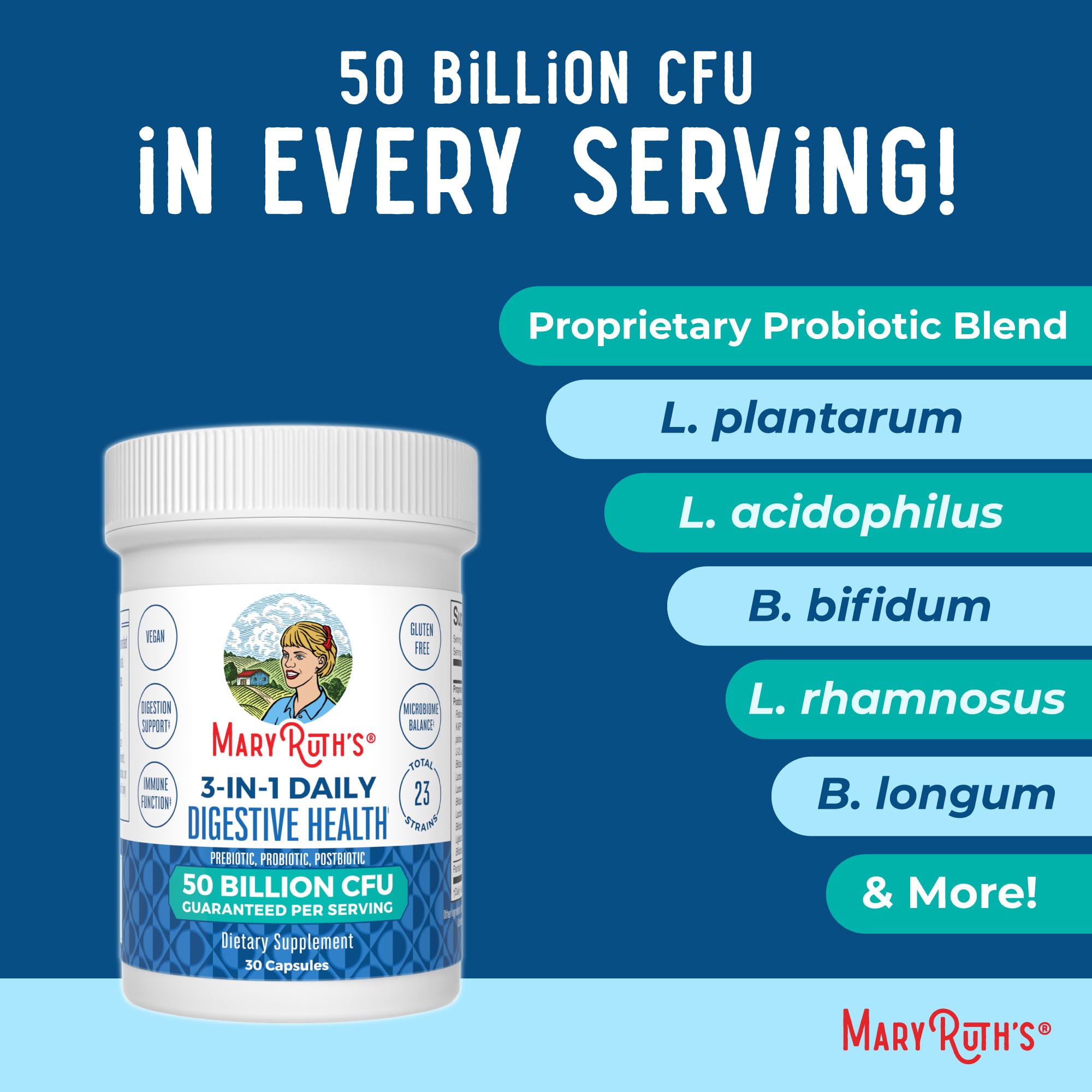 MaryRuth's 3-in-1 Probiotics for Digestive Health | Prebiotic & Postbiotic | Gut Health Supplement for Women & Men | 23 Unique Strains | Immune Support | 50 Billion CFU | 30 Servings MARYRUTH'S Au supplements