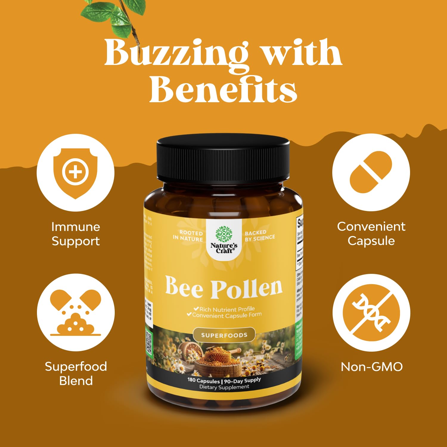 Bee Pollen Pills for Breast Growth 180 Ct - Bee Pollen Supplement 1000mg Serving with Naturally Occurring B Vitamins Minerals & Enzymes - Breast Support Supplement - Vegetarian Non-GMO & Gluten Free Natures Craft Au supplements