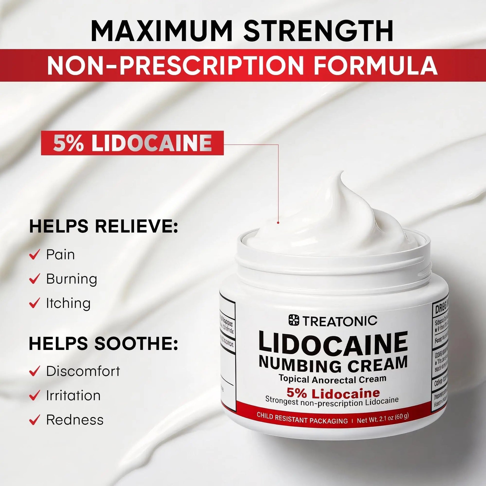 5% Lidocaine Topical Numbing Cream: Maximum Strength Topical Anesthetic Numb Cream for Pain Relief, Itching, Burning, Soreness, Hemorrhoid - Fast Acting & Long Lasting Numbing Formulation - 2.1 oz Treatonic Au supplements