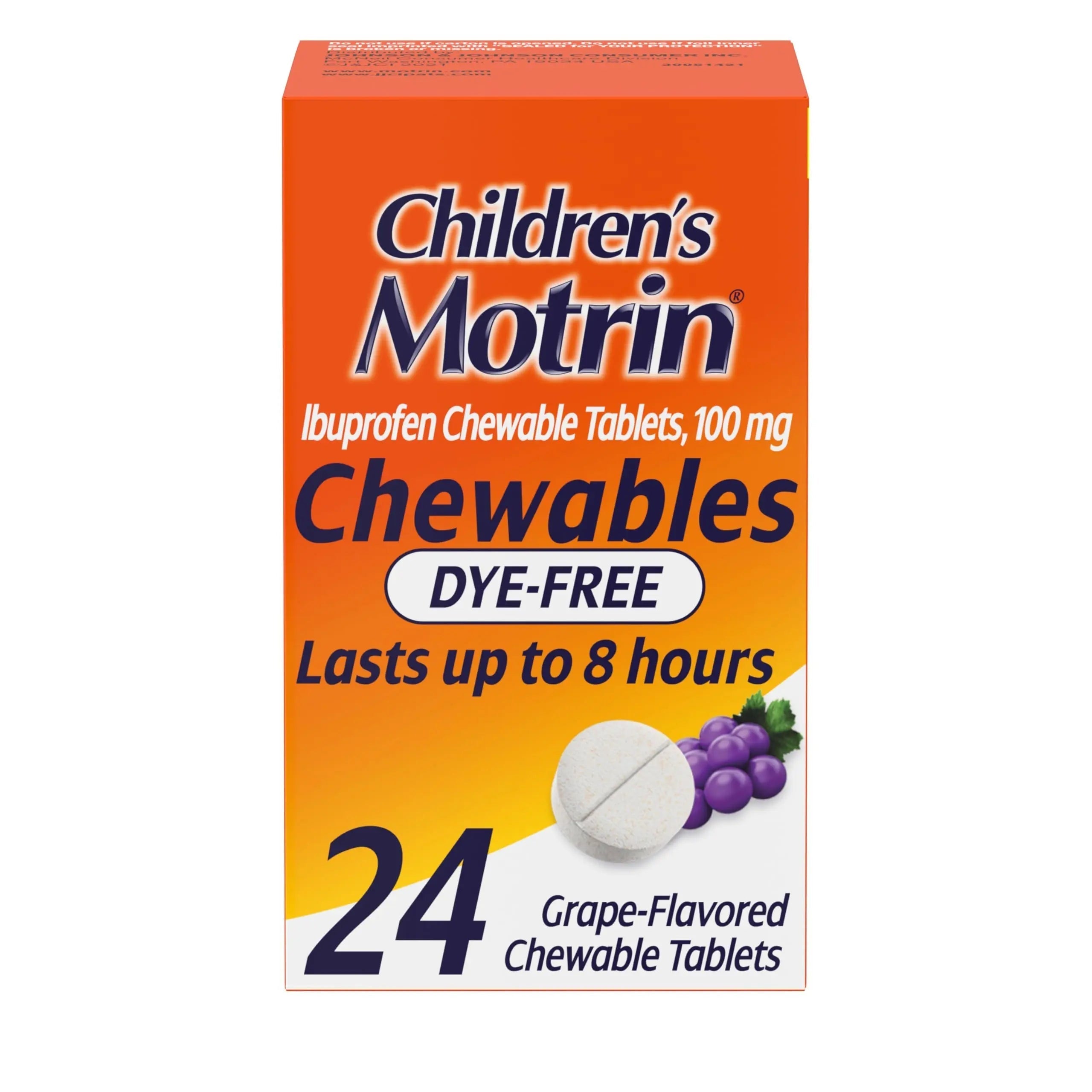 Motrin Children's Dye-Free Chewable Tablets with Ibuprofen, Kids' Fever Reducer & Pain Reliever for Sore Throat, Fever, Toothache & Pain Relief, Grape Flavor, 24 Ct Motrin Au supplements