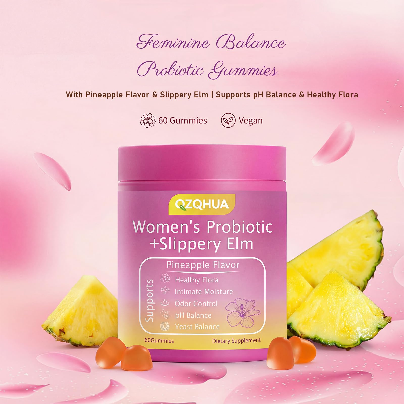 Premium Feminine Balance Gummies for Women - 60 Gummies, Hawaiian Pineapple Flavor - with Probiotics & Vitamin C - Supports Feminine Wellness & Healthy Balance - Gluten Free, Vegan（30 Servings）（Q2） QZQHUA Au supplements