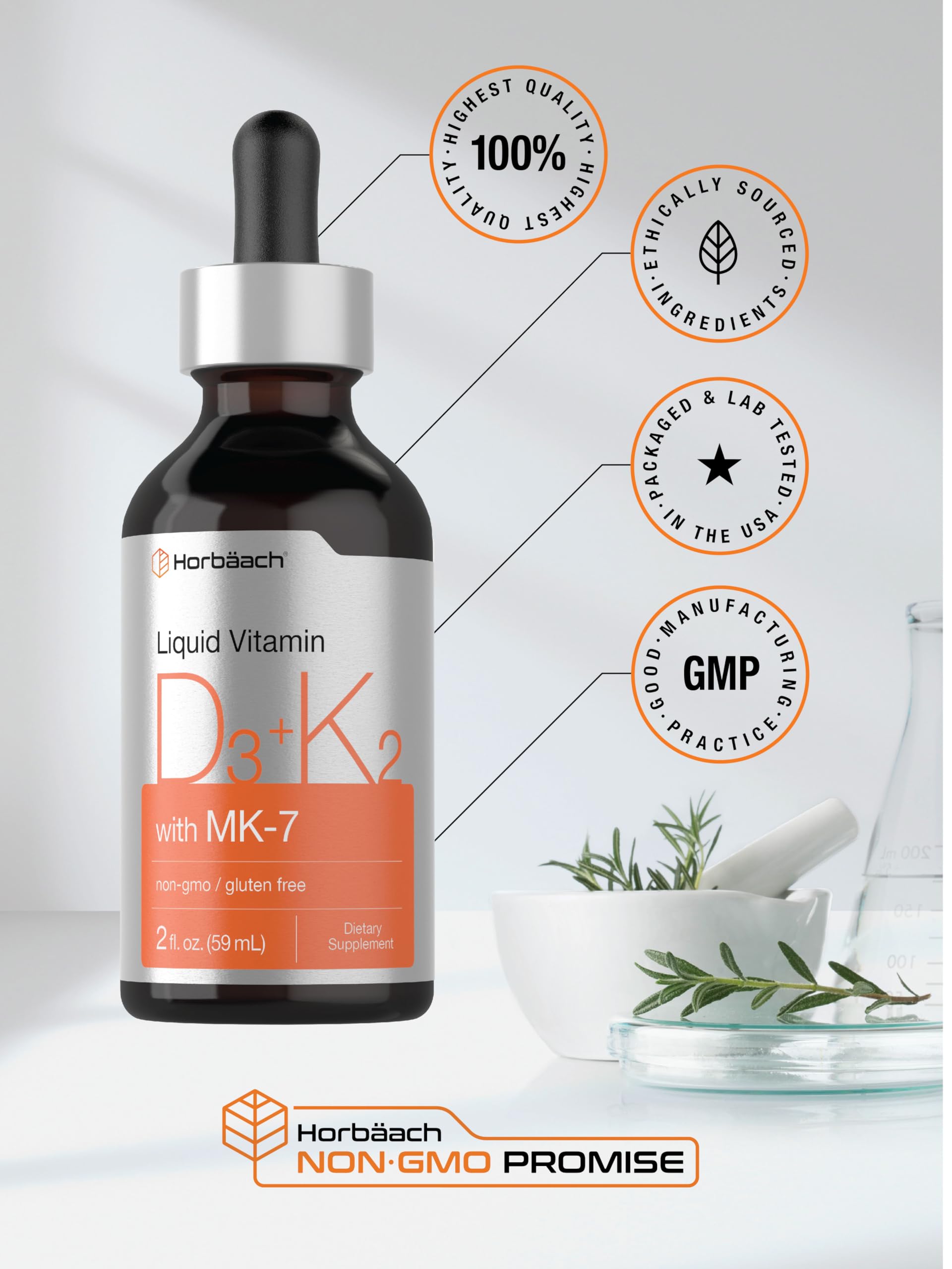 Horbäach Vitamin D3 + K2 Liquid Drops | with MK7 | 2 Fl Oz | Vegetarian | Non-GMO Horbäach Au supplements