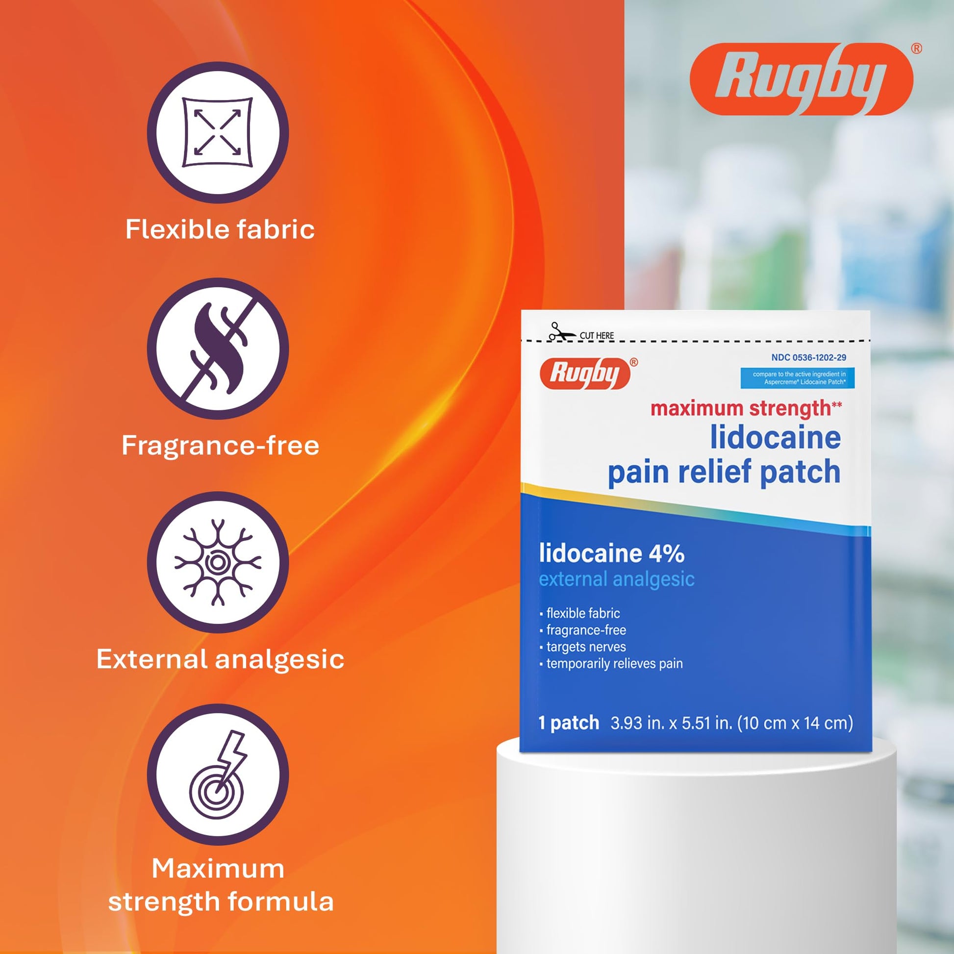 Rugby Maximum Strength 4% Lidocaine Pain Relief Patch- External Analgesic - Flexible Fabric, Fragrance-Free - Temporarily Relieves Pain - 100 Patches (10 cm x 14 cm Each) RUGBY LABORATORIES Au supplements