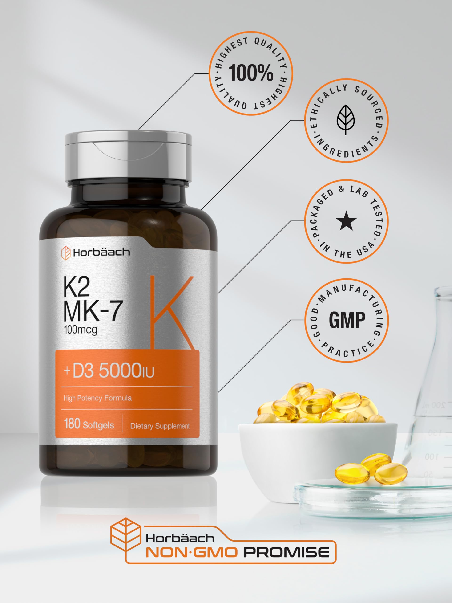Horbäach Vitamin D3 K2 | 5000iu of Vitamin D & 100mcg MK-7 Complex | 180 Softgel Cap Horbäach Au supplements