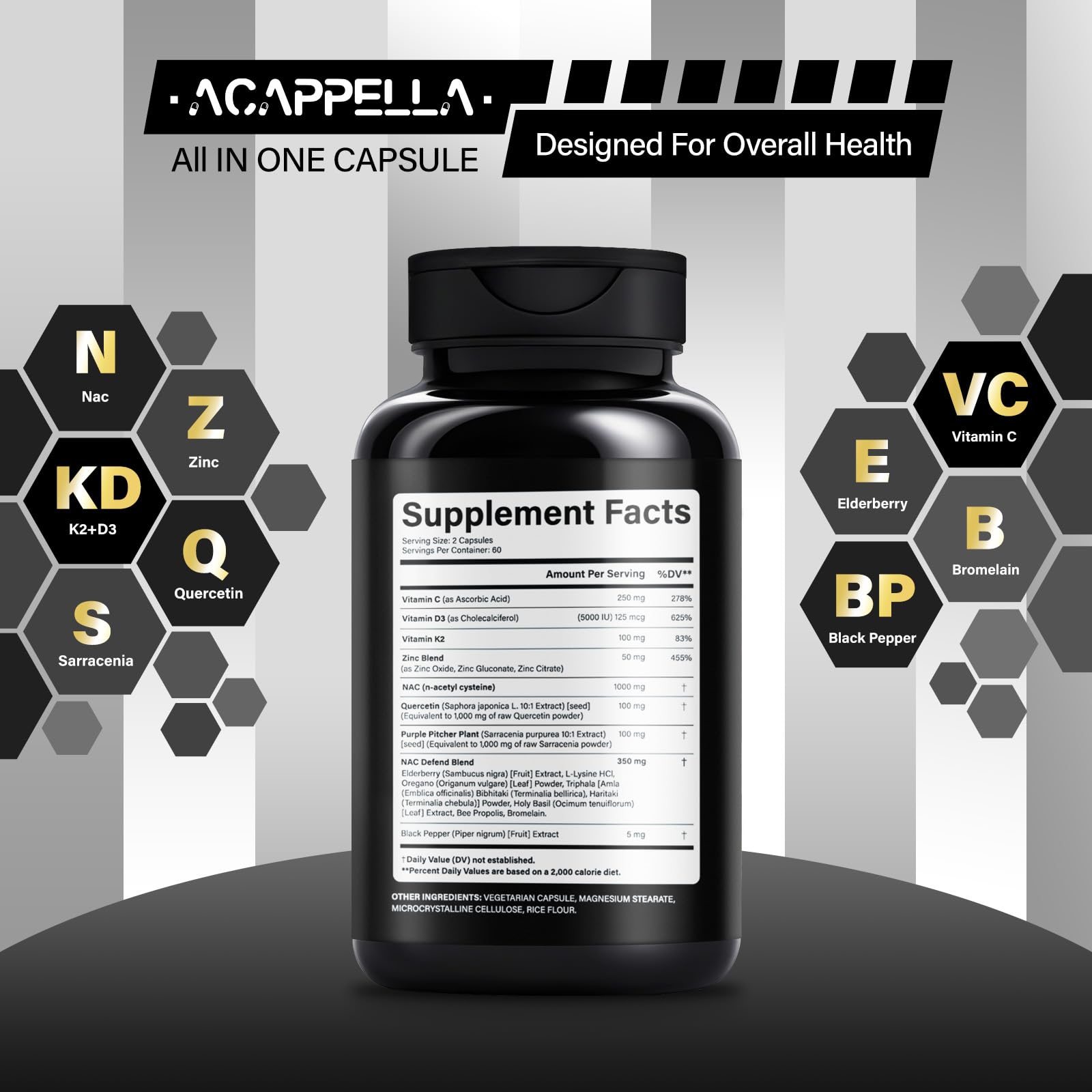 ACAPPELLA N-Acetyl Cysteine Vitamin D3 K2 Zinc Quercetin Sarracenia Purpurea NAC Supplement with Elderberry Holy Basil Bee Propolis Bromelain L-Lysin for Men & Women (1) ACAPPELLA Au supplements