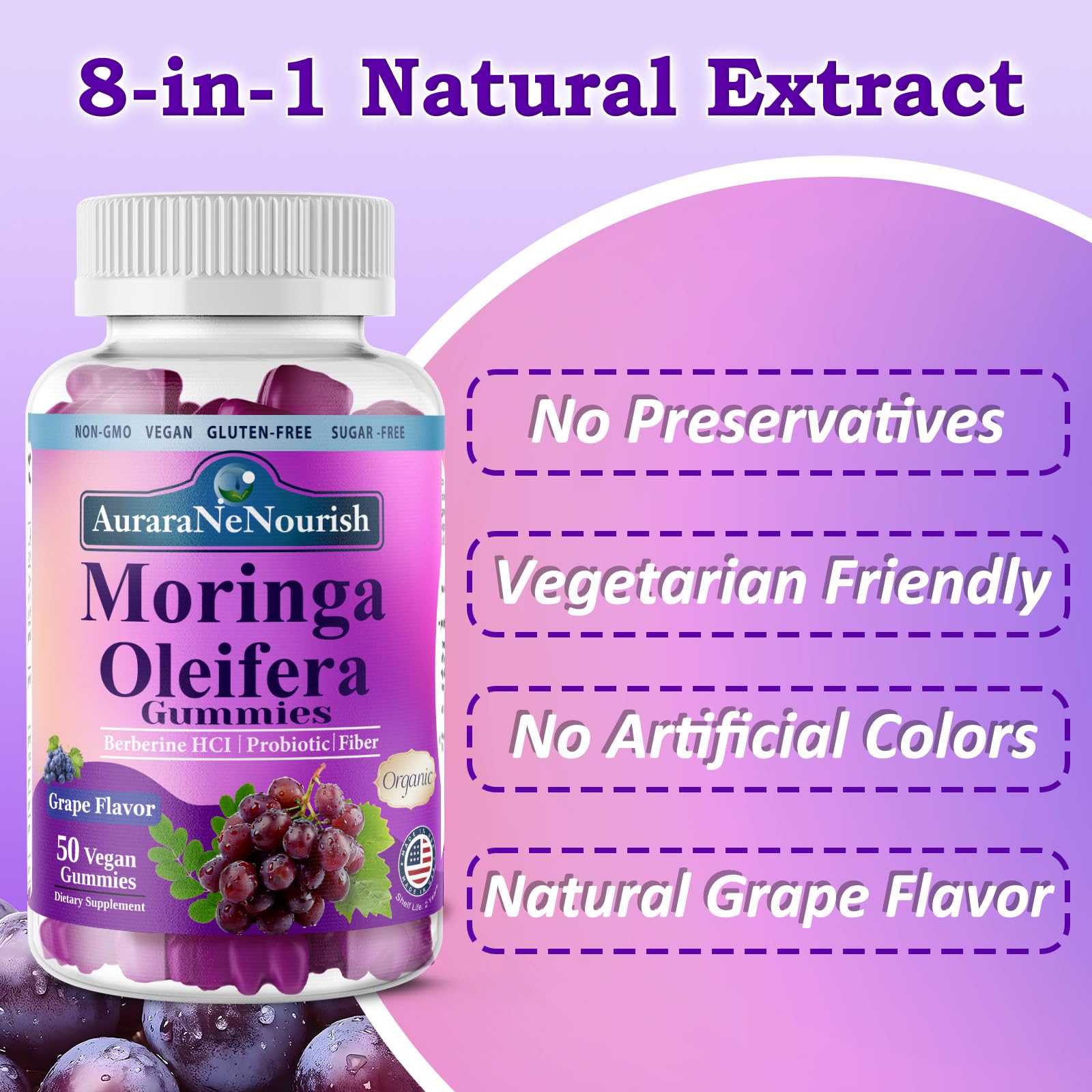 AuraraNeNourish Organic Moringa Oleifera Gummies for Women & Men, 8-in-1 Superfood Blend w. Berberine HCl & Moringa Leaf Extract for GLP-1 Support & Energy Immune Joint & Gut Health Sugar-Free AuraraNeNourish Au supplements