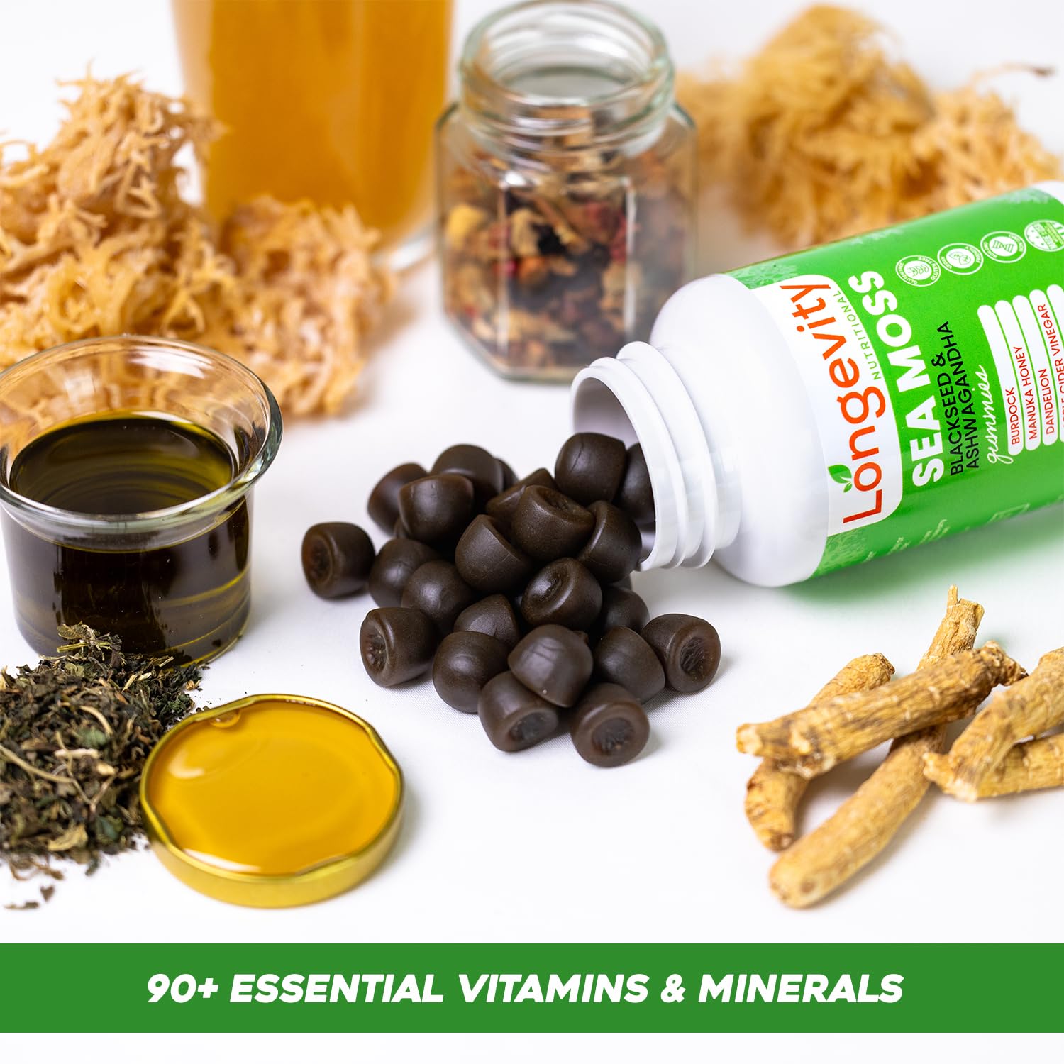 Longevity Nutritional Sea Moss, Thyroid Energy Vitamins Mineral Burdock Manuka Honey Dandelion Apple Cider Bladderwrack Ashwagandha Extract Turmeric Antioxidant Boost Immune Superfood Gummies Longevity Nutritional Au supplements