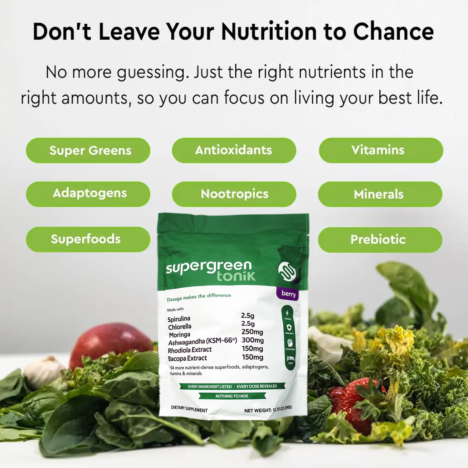 SUPERGREEN TONIK 100% Natural Greens Superfood Powder – Daily Supplement with 40 Superfoods, Vitamins and Minerals – Supports Energy, Stress and Immunity – 30 Days 360 Grams Berry Flavor (1 Bag) SUPERGREEN TONIK Au supplements